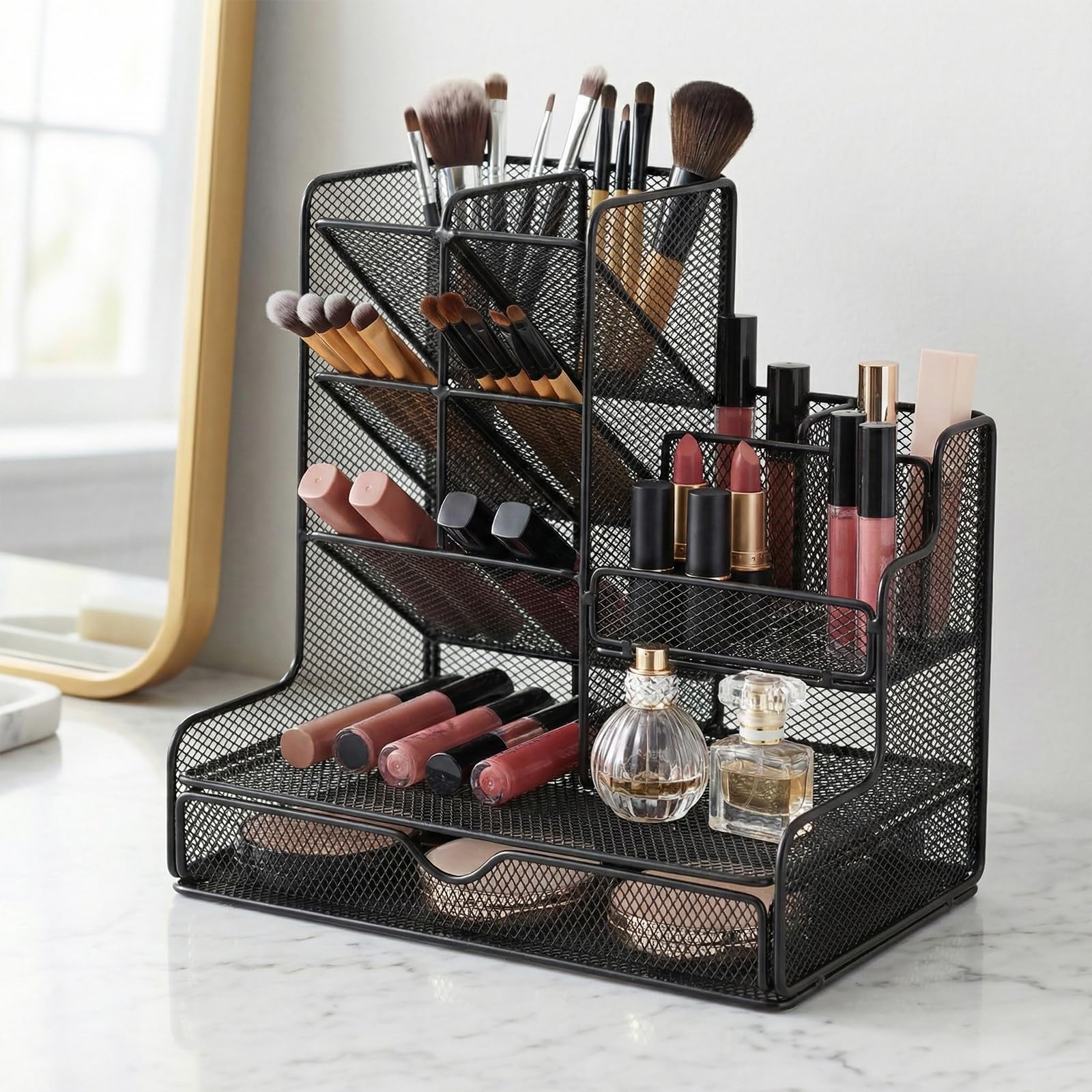 Organizer na biurko z 4 poziomami, 25,5 x 15 x 18,5 cm, czarny, półka na długopisy z metalu, akcesoria na biurko, siatka do domu, biura