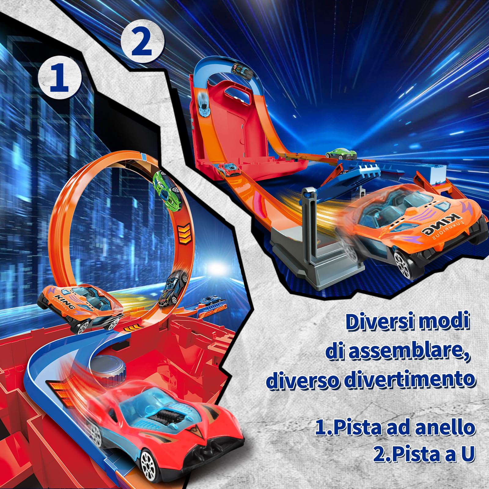 Charmofun Pista Macchinine 2 in1, Giocattolo Piste da Corsa con 6 Auto, Scatola Immagazzinaggio, Piste Macchinine per Bambini con Anello e Binari a U, Portatile Pista per Bambini 3+ Anni (Rosso)