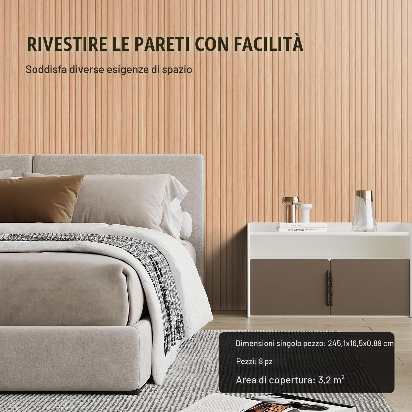 VEVOR Pannelli Acustici a Doghe in Legno di Frassino, 8 Pezzi Pannelli Parete in Legno WPC con Accento per Pareti, Pannelli da Parete Effetto Legno per Decorazioni e Ridurre Rumore 2450 x 166 x 9 mm