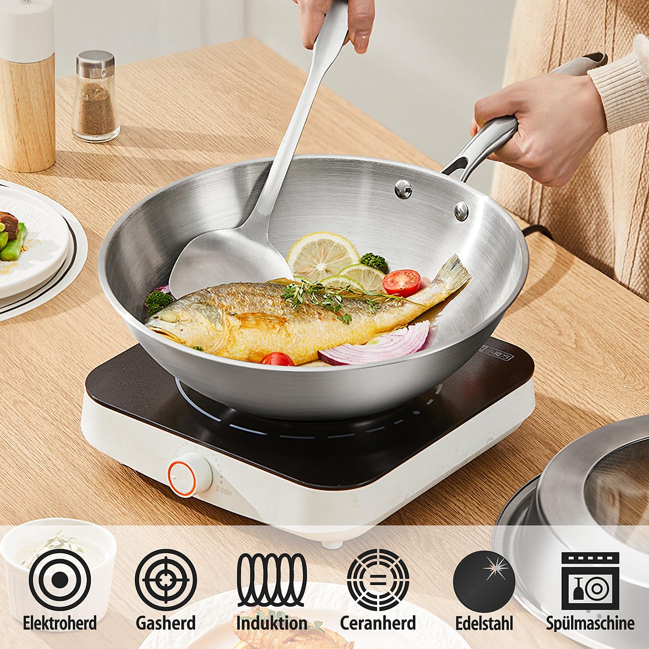 Rosenstein & Söhne Wok: Edelstahl-Wokpfanne, unbeschichtet, für alle Herdarten, Ø 28 cm (Edelstahlpfanne, Pfannen für Elektroherd, Gaskocher)
