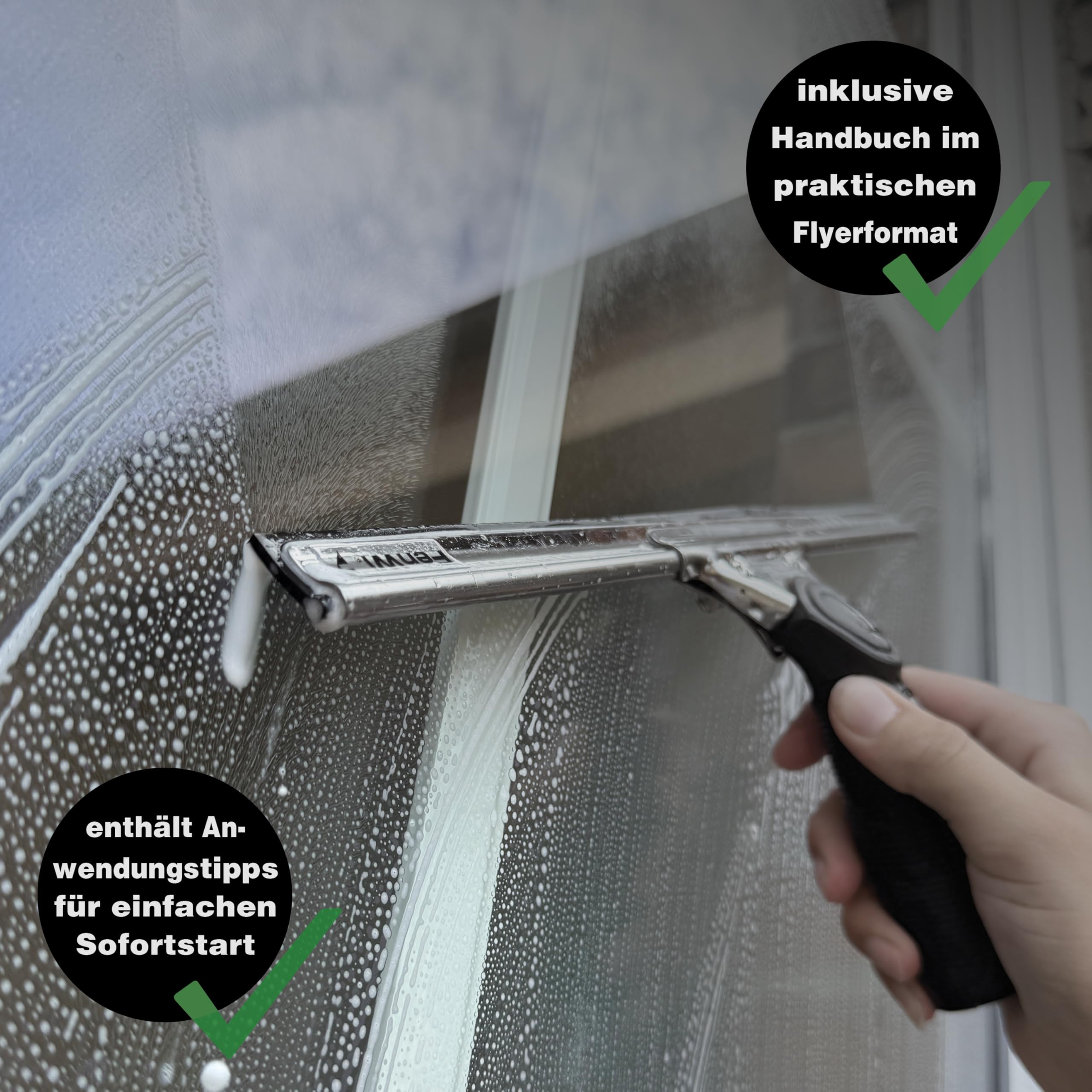 FenWi Fensterabzieher mit Gummilippe in 35cm Breite/Duschabzieher/Abzieher mit Edelstahl-Abziehschiene als Glasabzieher zum Fensterputzen