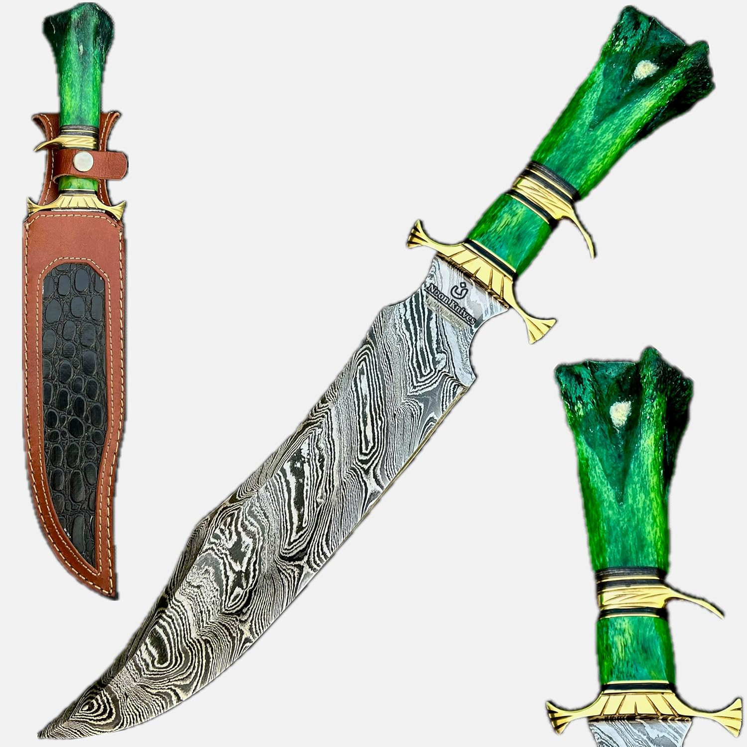 : Hand Made Damascus Steel Collectible gutt Bowie Knife Handle Camel Bone (green)