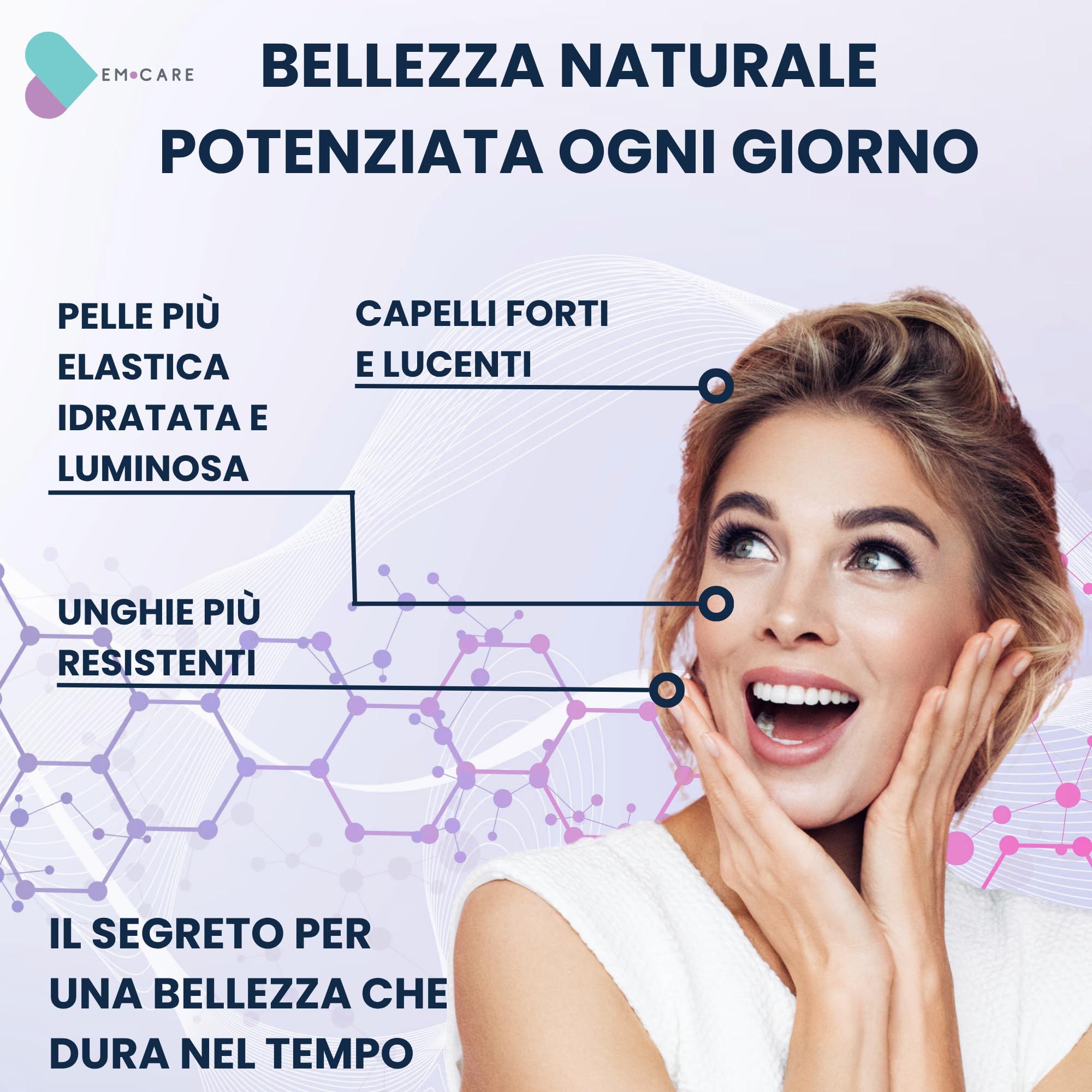 EM CARE Collagene da Bere - Collagene Marino Idrolizzato con Acido Ialuronico, Vitamina C, Biotina e Zinco - 30 Flaconi - Integratore per Pelle, Capelli, Unghie e Articolazioni