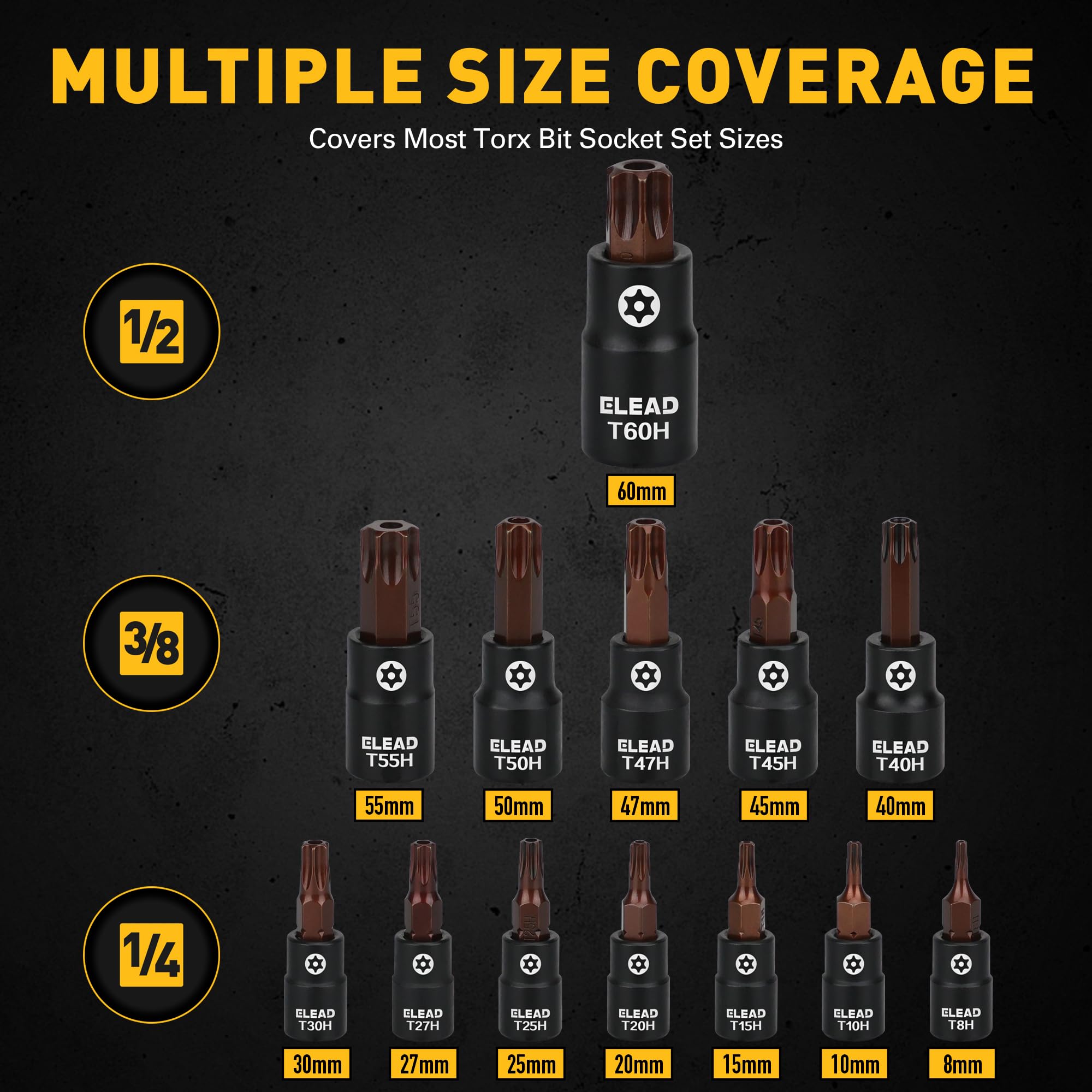 Juego de llaves de vaso Torx de 16 piezas, acero S2 de alta calidad, estilo europeo T8-T60 con adaptadores de enchufe, juego de llaves de estrella de 1/10.2 cm, 3/20.3 cm y 1/5.1 cm | Herramientas