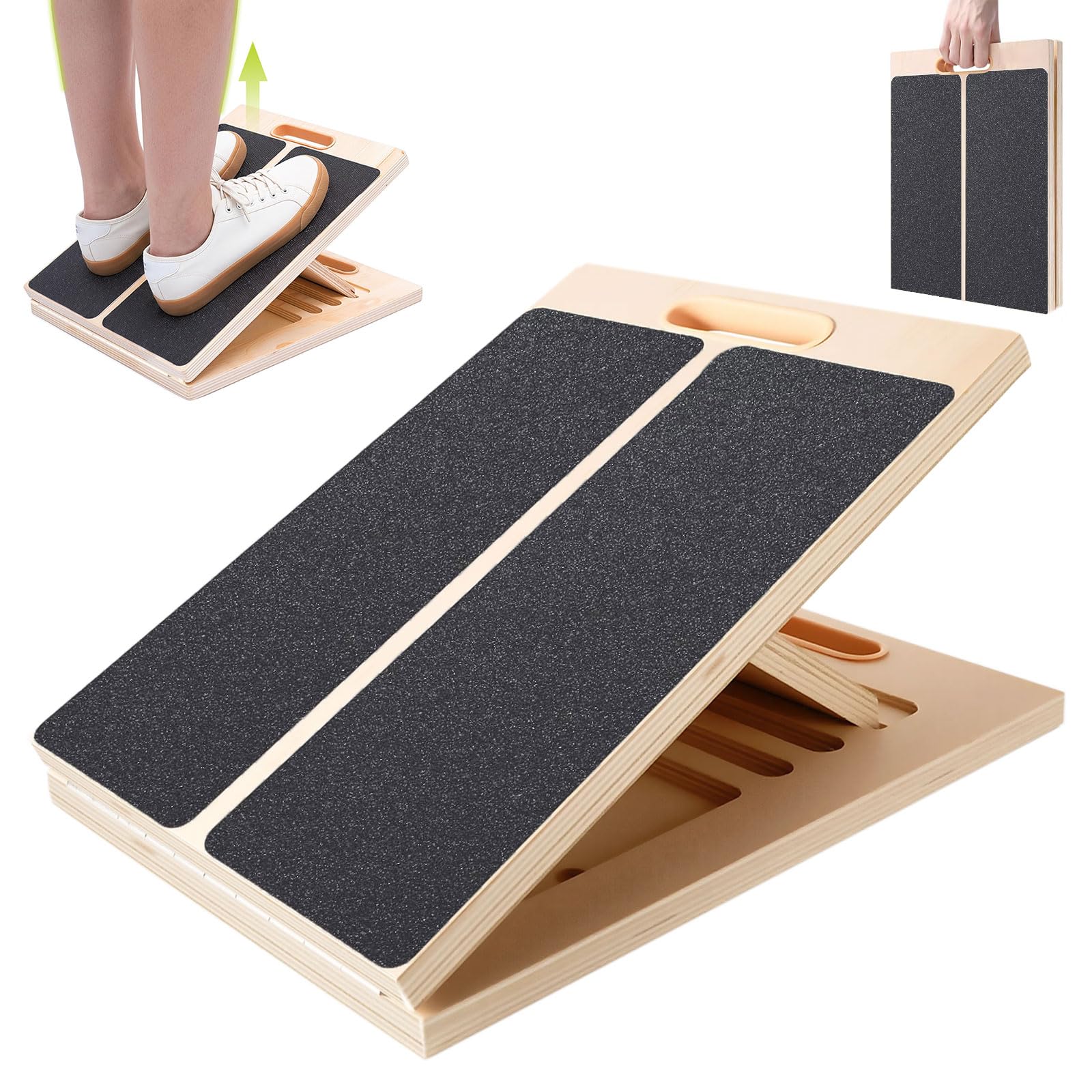 Tavola Inclinata Regolabile in Legno per Allungamento del Polpaccio, Slant Board con Maniglia, per Stretching, Squat, Tallone, Caviglia