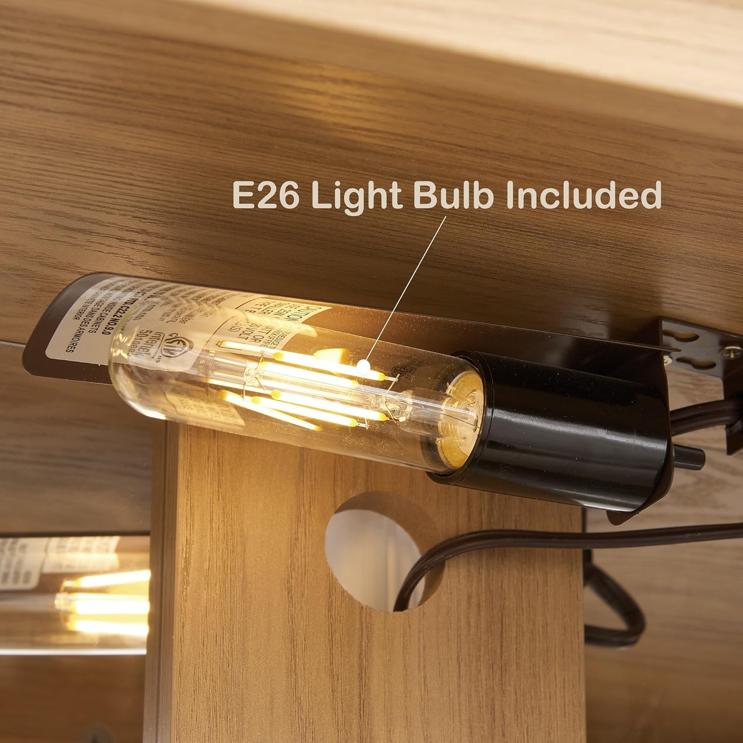Glass Display Cabinet with LED Light, 43.8H x 26W x 11.8D inches, 3 Shelves, Vintage Metal Handles, Natural Oak