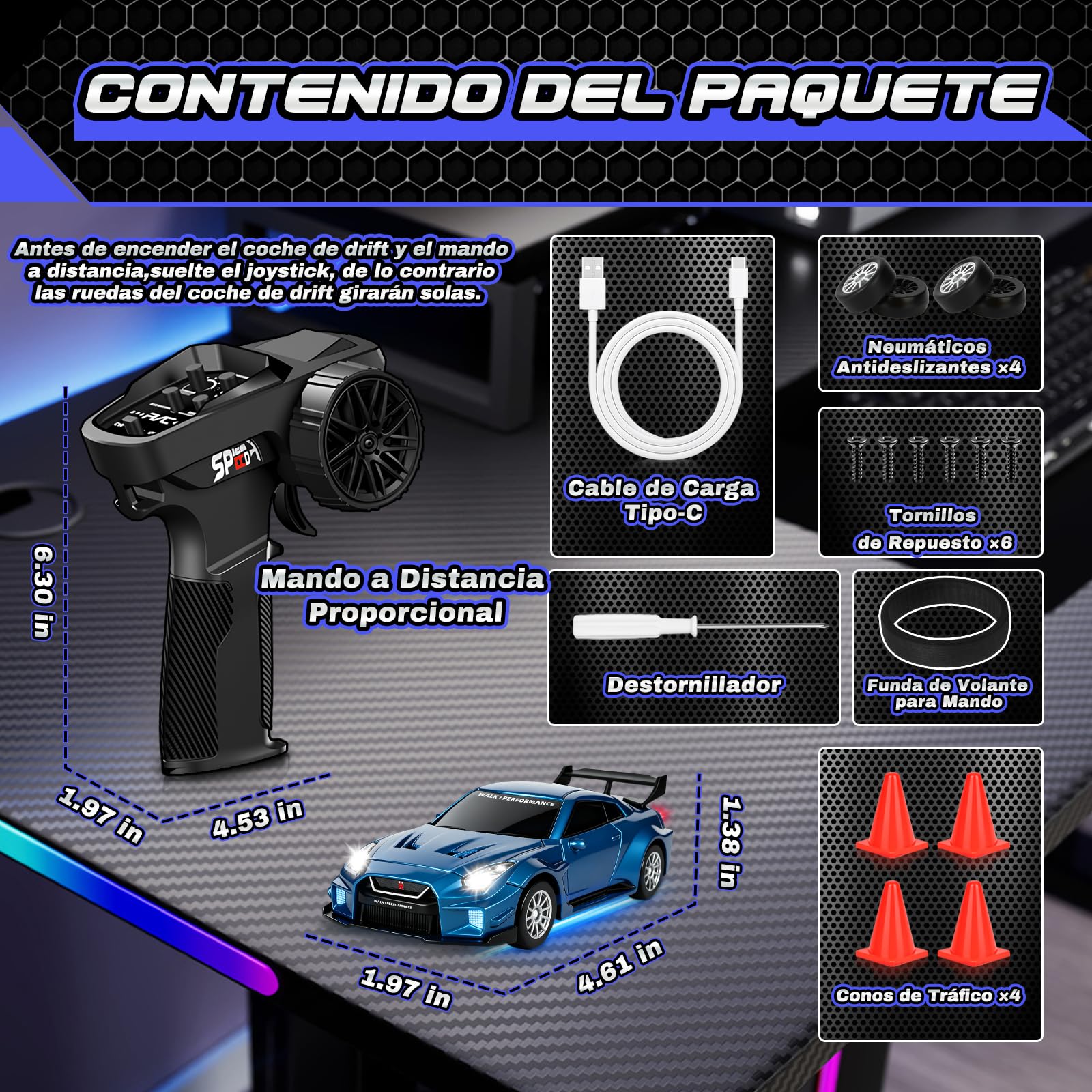 YOOHBERRYS Coche RC Drift Pro, 1:43 Mini RC Drift Car, 4WD Coche Radiocontrol con Giroscopios y Luces LED, 15km/h, Coche Teledirigido de Juguete para Niños de 14+ Años (Azul)