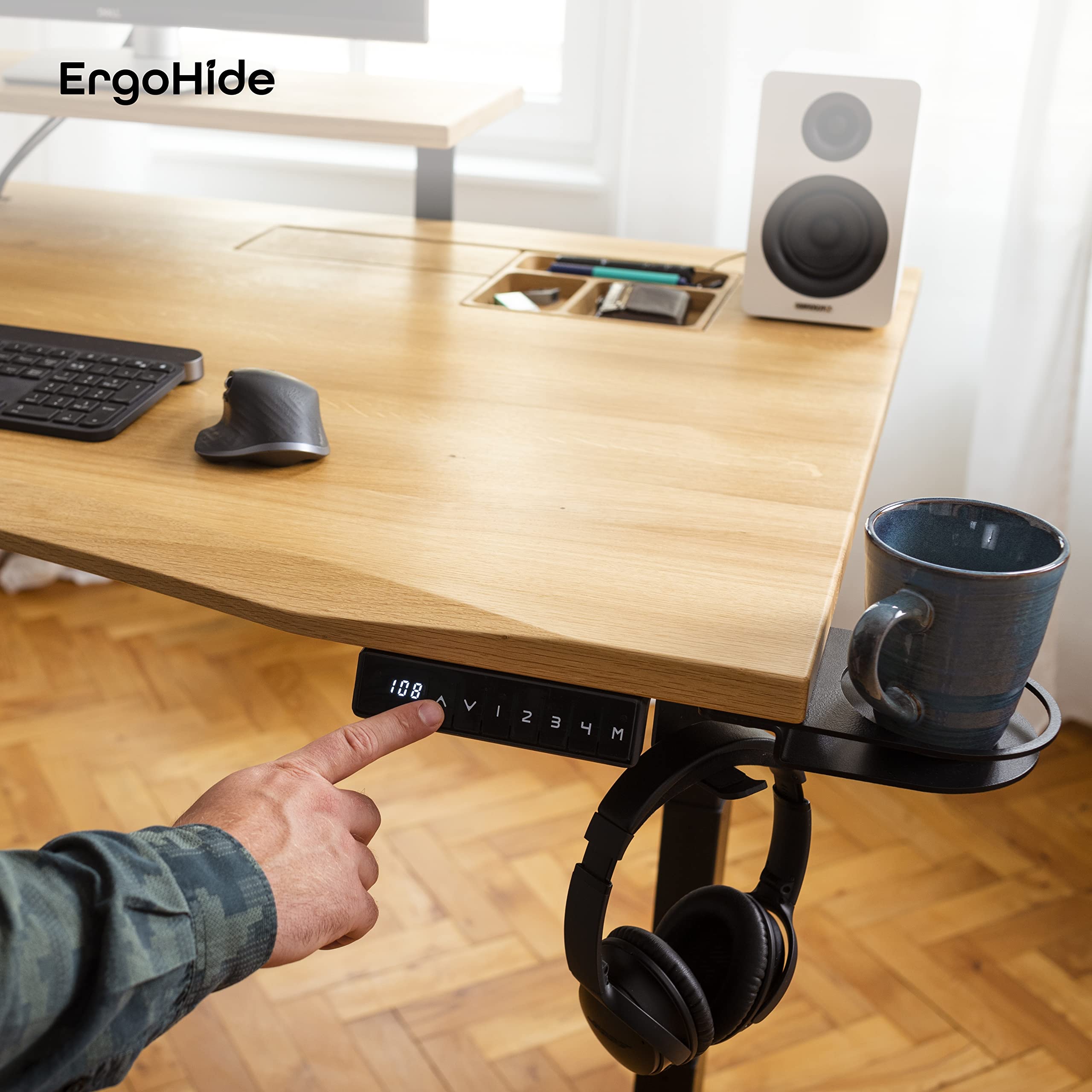 ErgoHide® Höhenverstellbarer Schreibtisch aus Massivholz mit erweitertem Kabelmanagement/Kabelkanal (Eiche, Schwarz, Ergonomisch, 150x80cm)