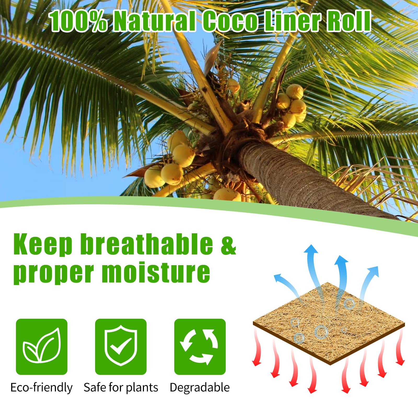 Fodere in cocco per fioriere, 61 x 200 cm, in cocco naturale per fioriere, cesti di fiori, tappetino in fibra di cocco spessa per decorazione da giardino, cesto sospeso, tappetino per animali