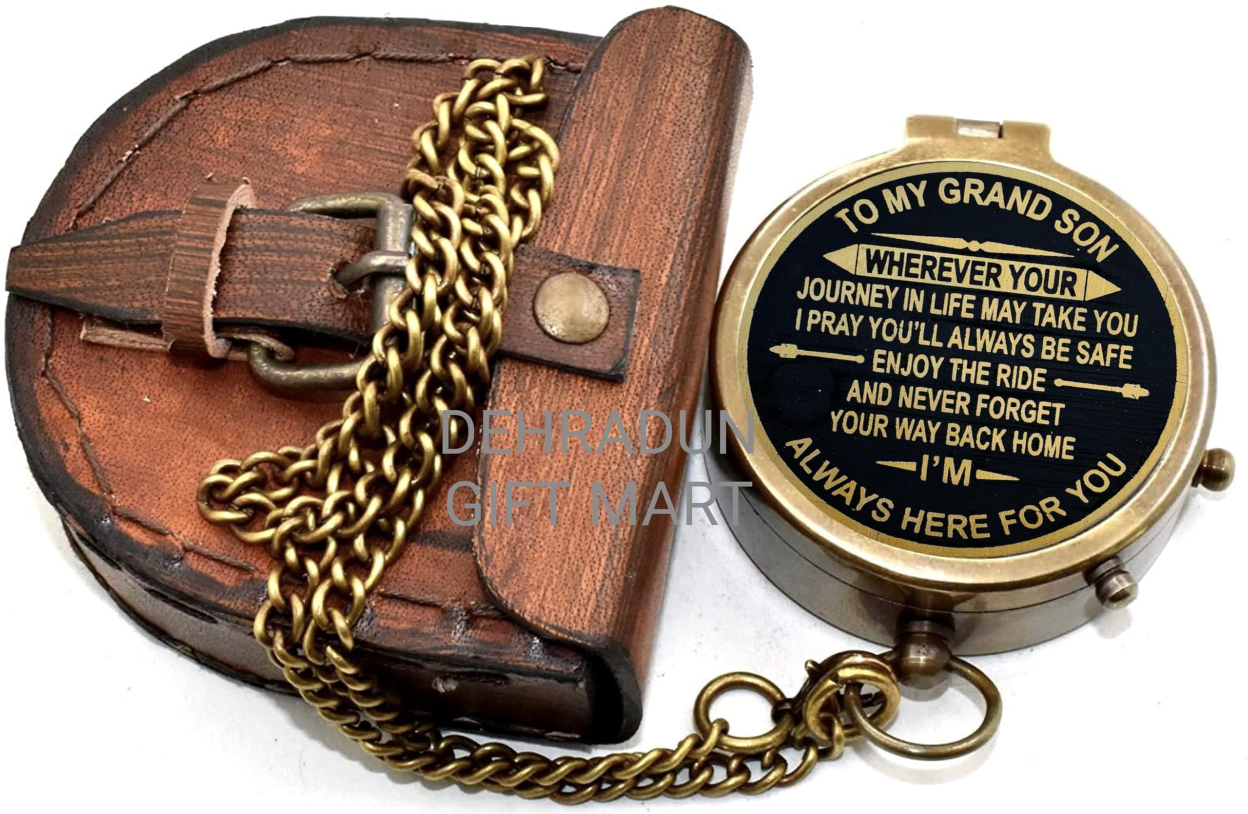 Bussola tascabile personalizzata in ottone anticato per nipote, messaggio inciso "Always Here for You" con custodia in pelle, regalo di laurea ispiratore, viaggio e avventura