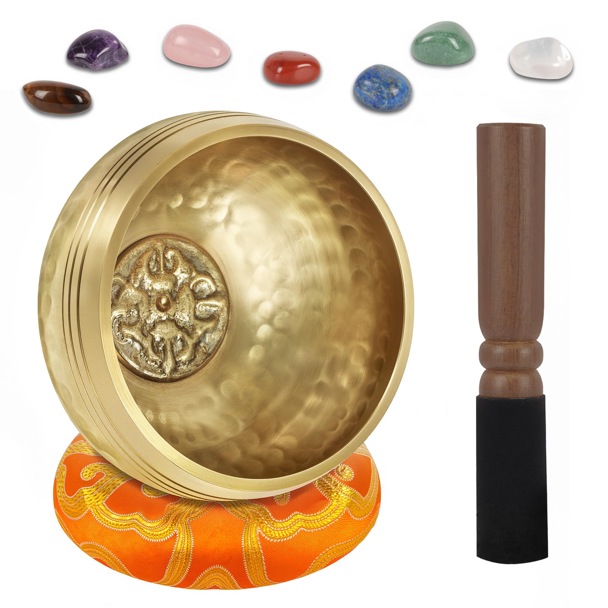 Traditional Singing Bowl 8 cm with 7 Chakra Crystals, Handmade in Nepal for Meditation and Yoga - Gift Idea for Men and Women