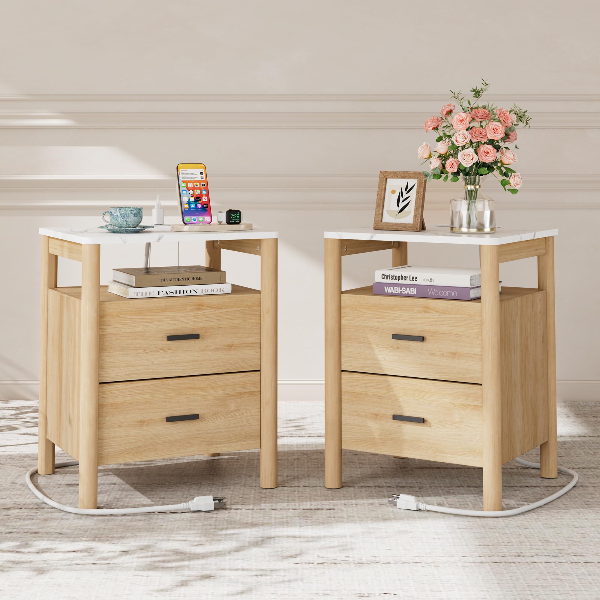 FavourLife Night Stand Set 2, 20" Wide Nightstands Set of 2, Nightstand with Charging Station & Faux Marble Top, 2 Drawer End Table with Solid Round