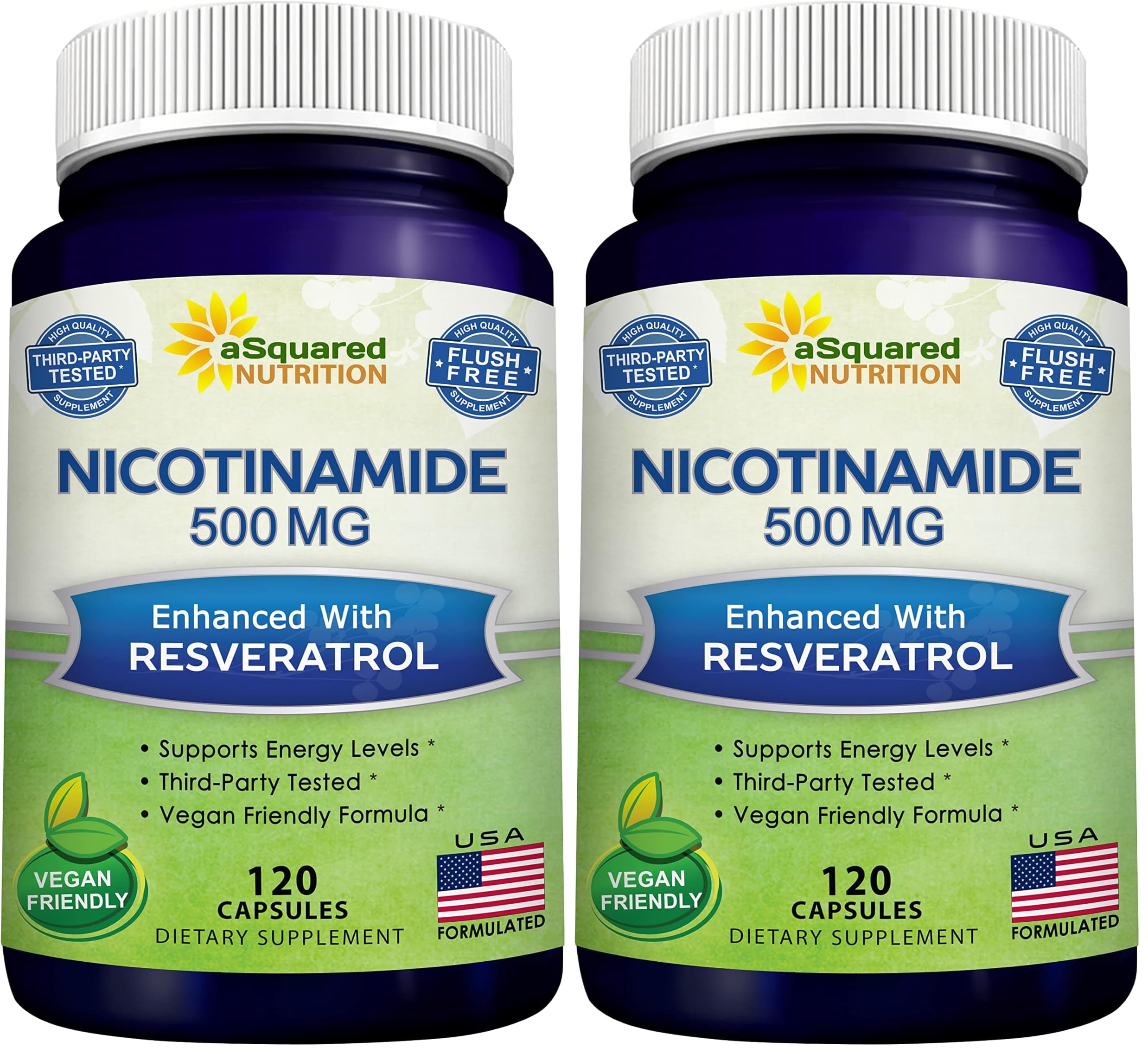 aSquared Nutrition Nicotinamide with Resveratrol - 120 Veggie Capsules - Vitamin B3 500mg (Niacinamide Flush Free) - Supplement Pills to Support NAD, Skin Cell Health & Energy (Pack of 2) 120 Count (Pack of 2)