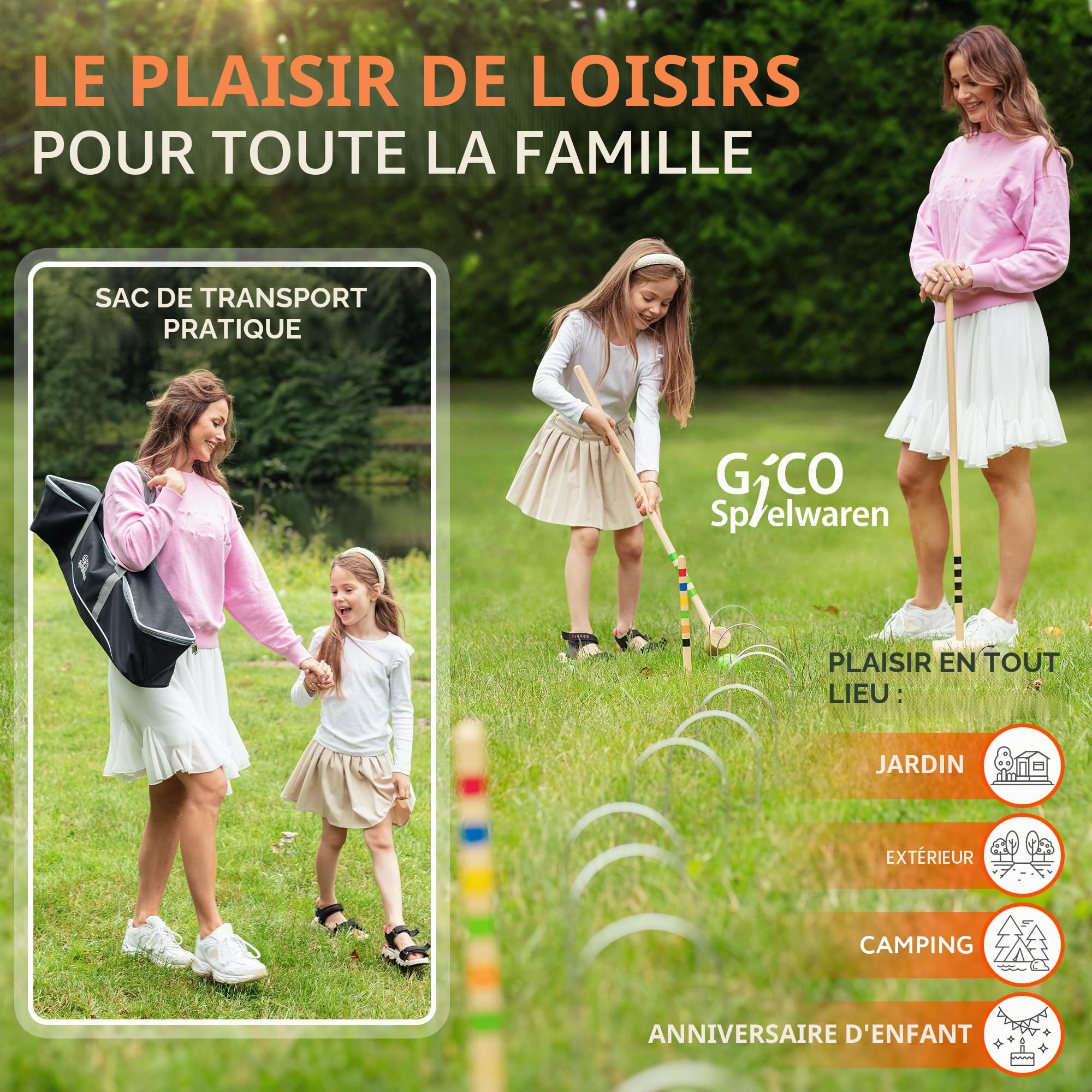 GICO Jeu de Croquet 6 Joueurs Maillets Taille Adulte 100 cm Sac de Transport