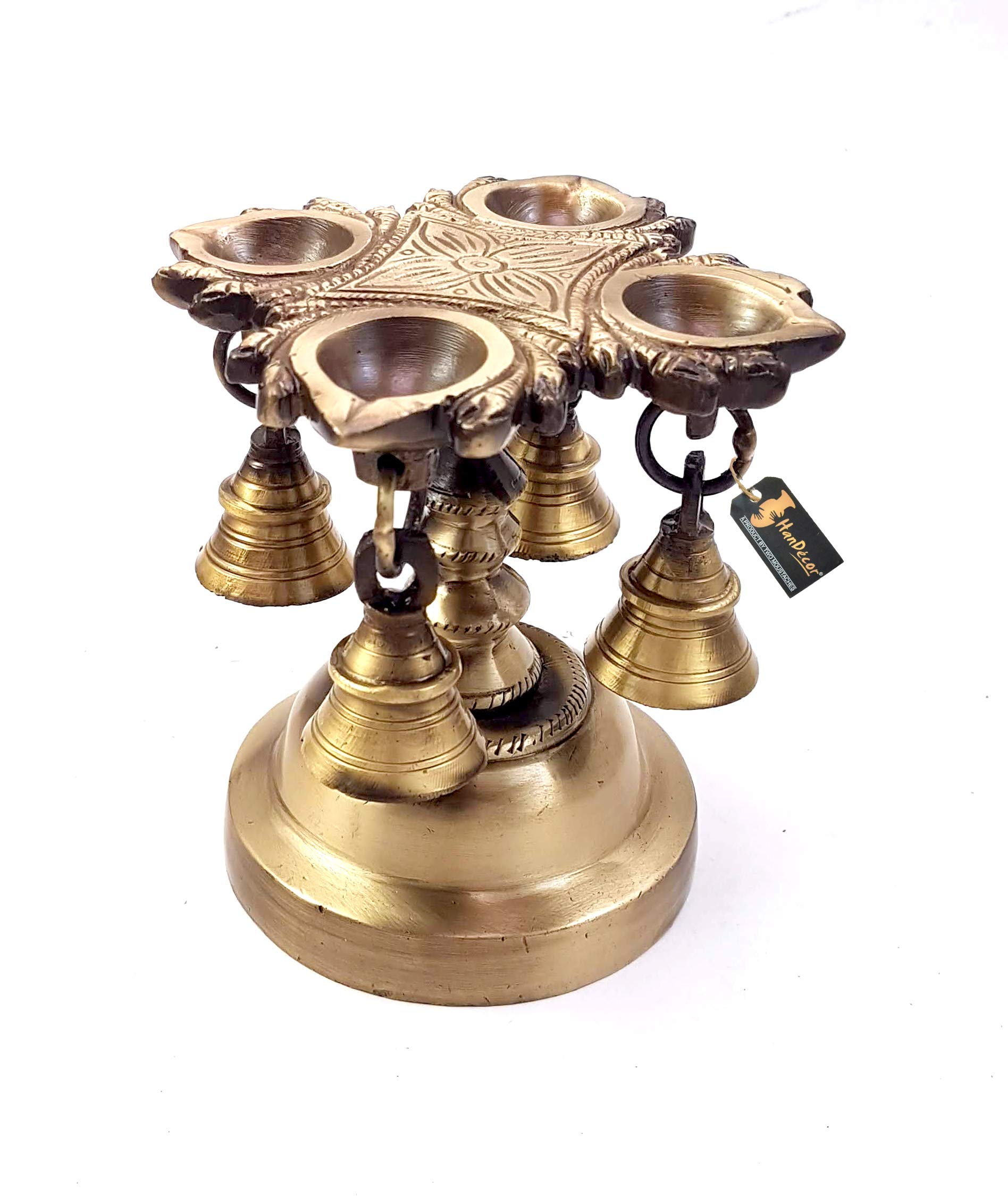 Two Moustaches Brass Handmade 4 Oil Wick Brass Diya with Bells, Brass Diya Antique, Standard, Pack of 1