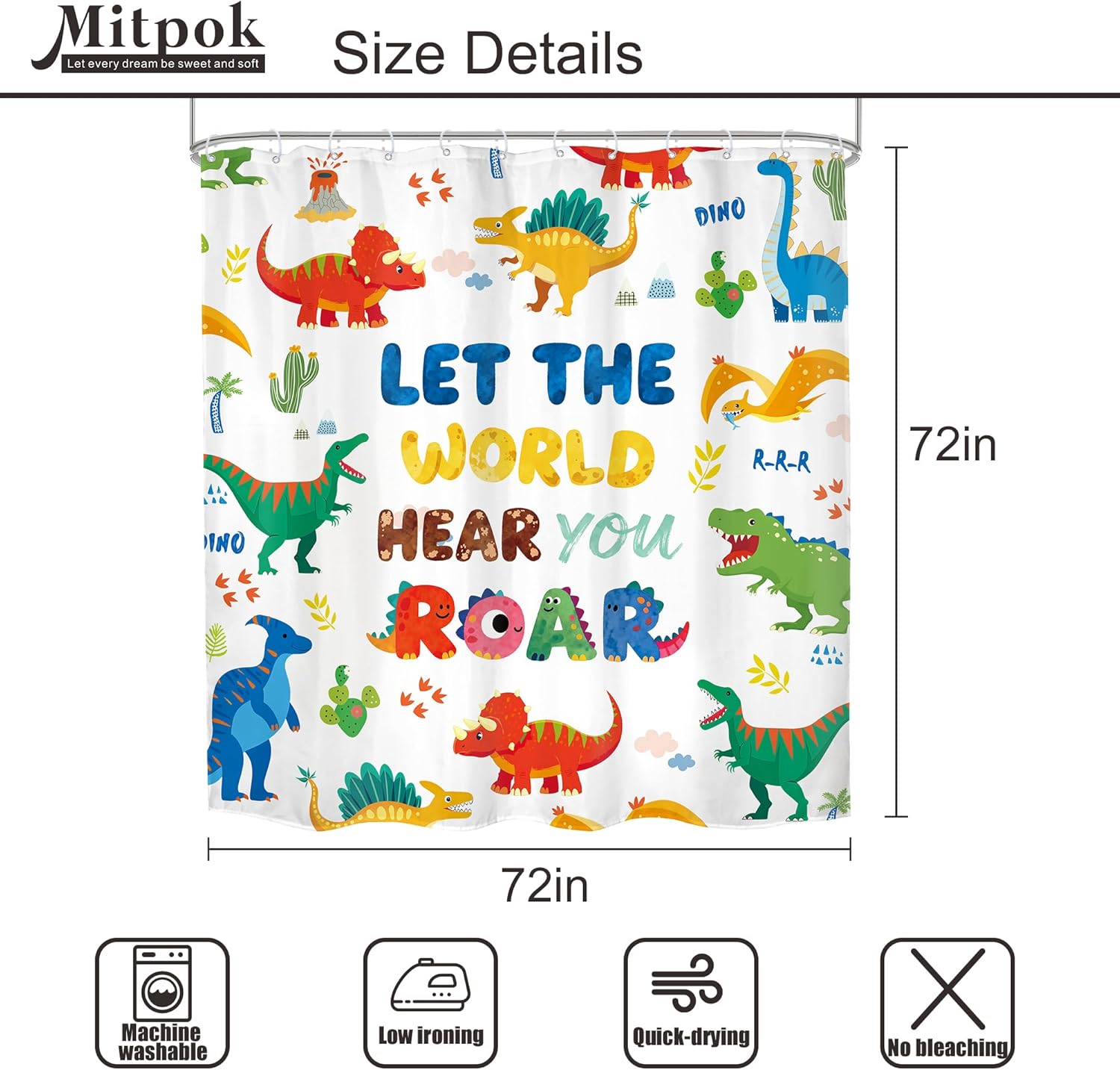 4 PCS Kids Dinosaur Shower Curtain Set 72Wx72H Cartoon Dino Cute Fun Words Bathroom Set Non-Slip Bath Rug Toilet Lid Cover U Shape Mat Complete Bathtub Accessories with 12 Hooks Bathroom Decor