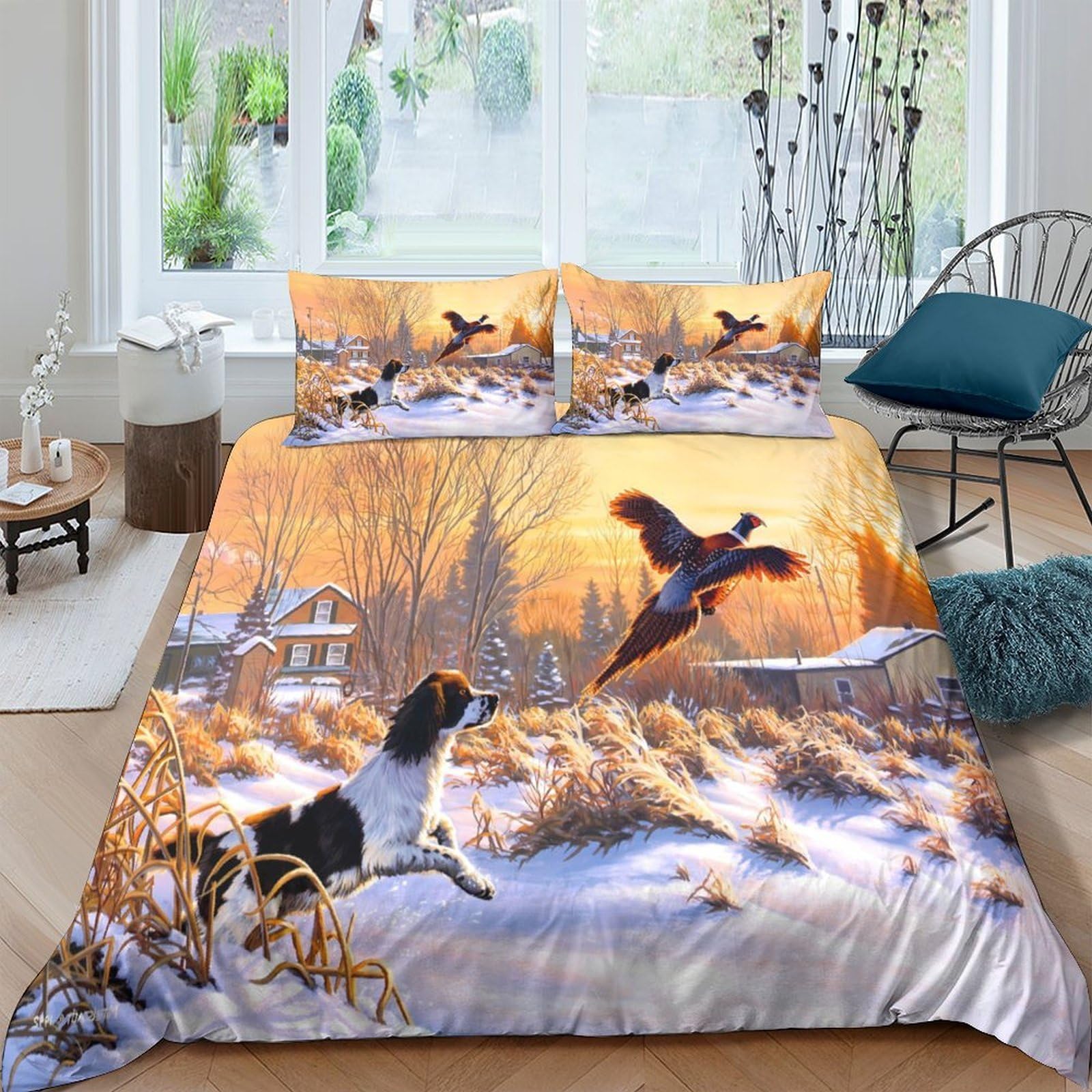 Ctjqhvkz Style-8 3D Printed Dog Hunting Scene Fitted Sheet Microfiber Soft Breathable Pheasant Bird Mattress Cover For Bedroom Decor Single（135X200cm）