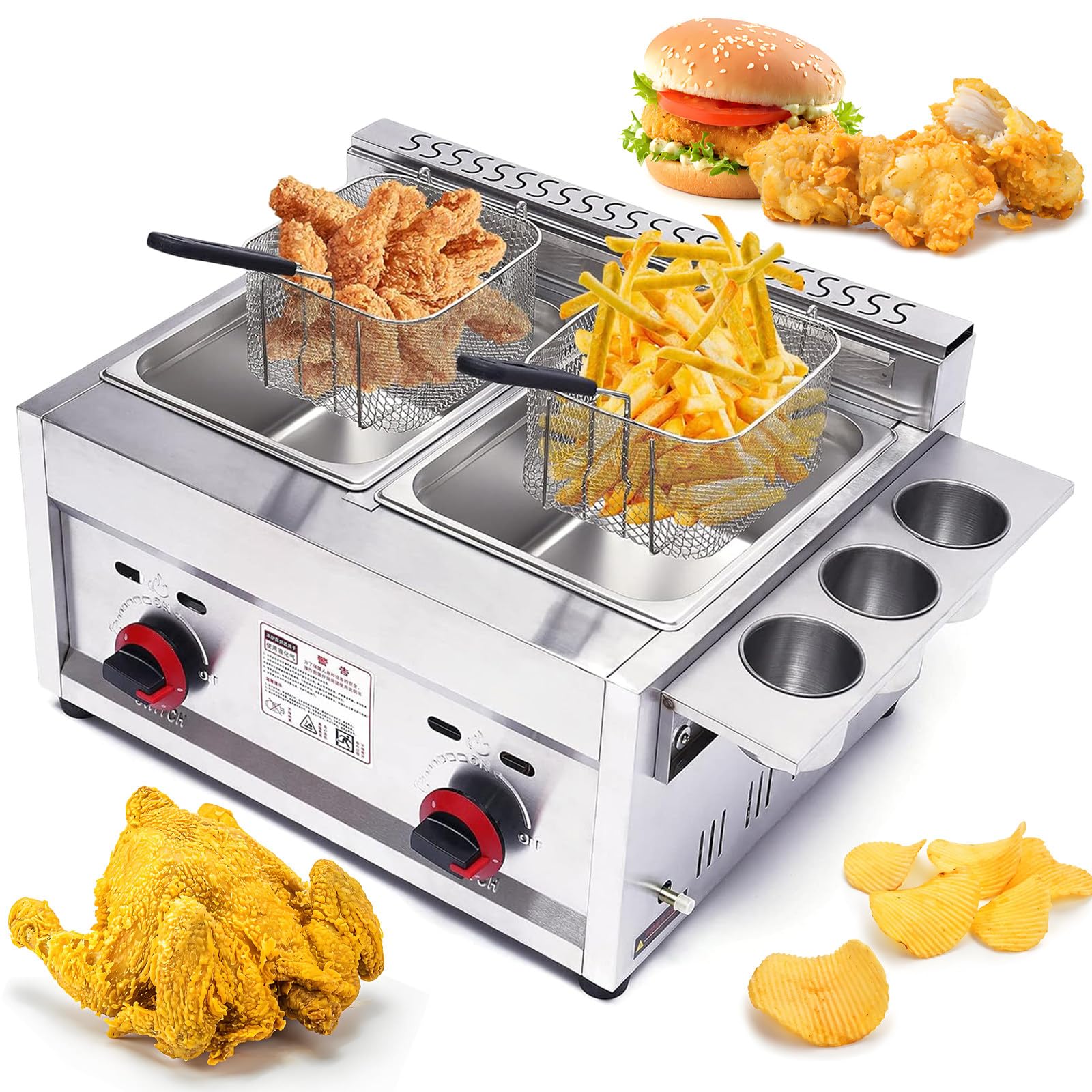 YXFAZPP Commercial Countertop Gas Fryer, Professional Deep Fryer Kits 10Lx2 Stainless Steel Dual Tank Deep Fryer, LPG Kitchen Frying Machine