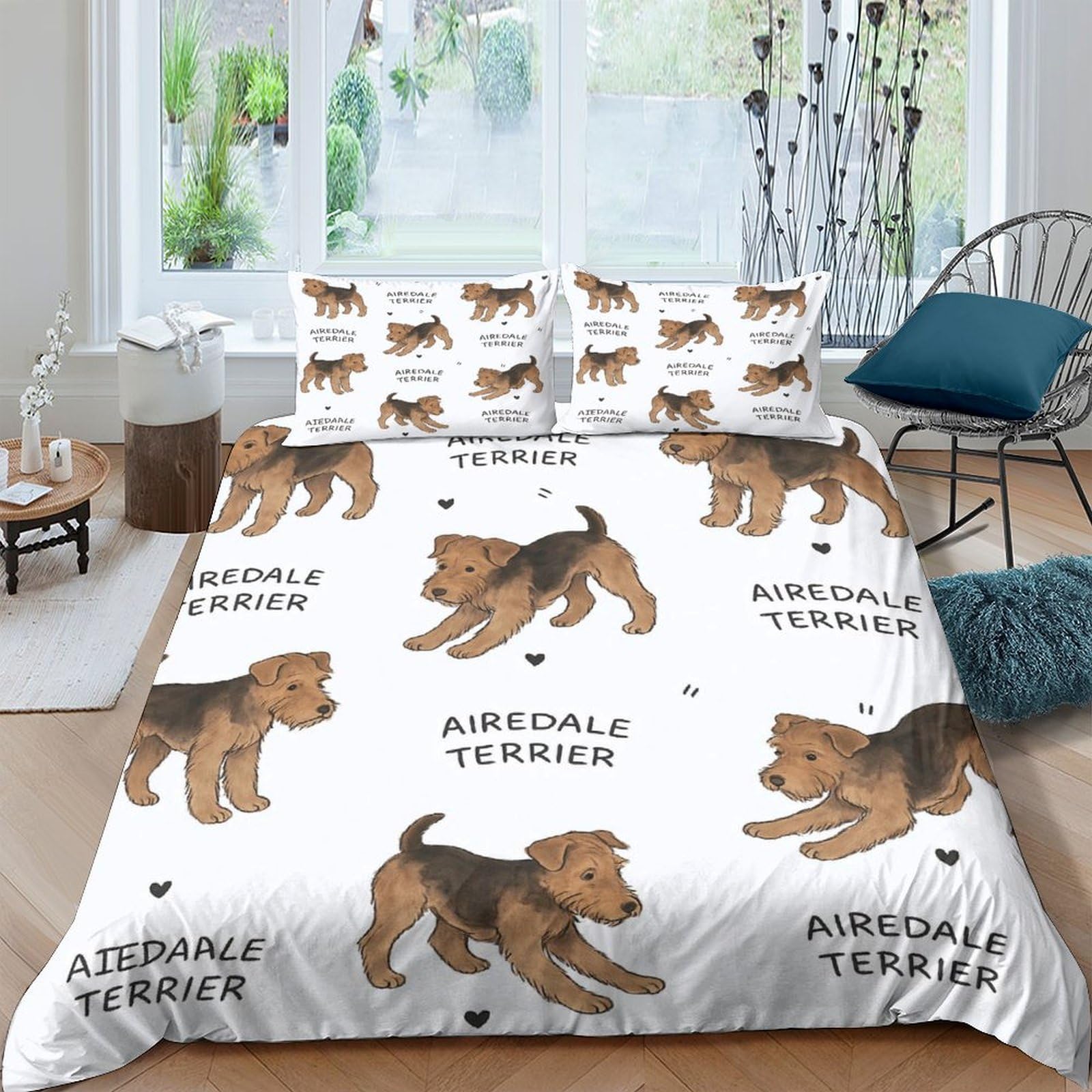 P5V6M1Q9 3D Printed Airedale Terrier Dog Duvet Cover Microfiber Soft Breathable Puppy Pattern Bedding Set with 2 Pillowcases for Bedroom Decor Single（135x200cm）