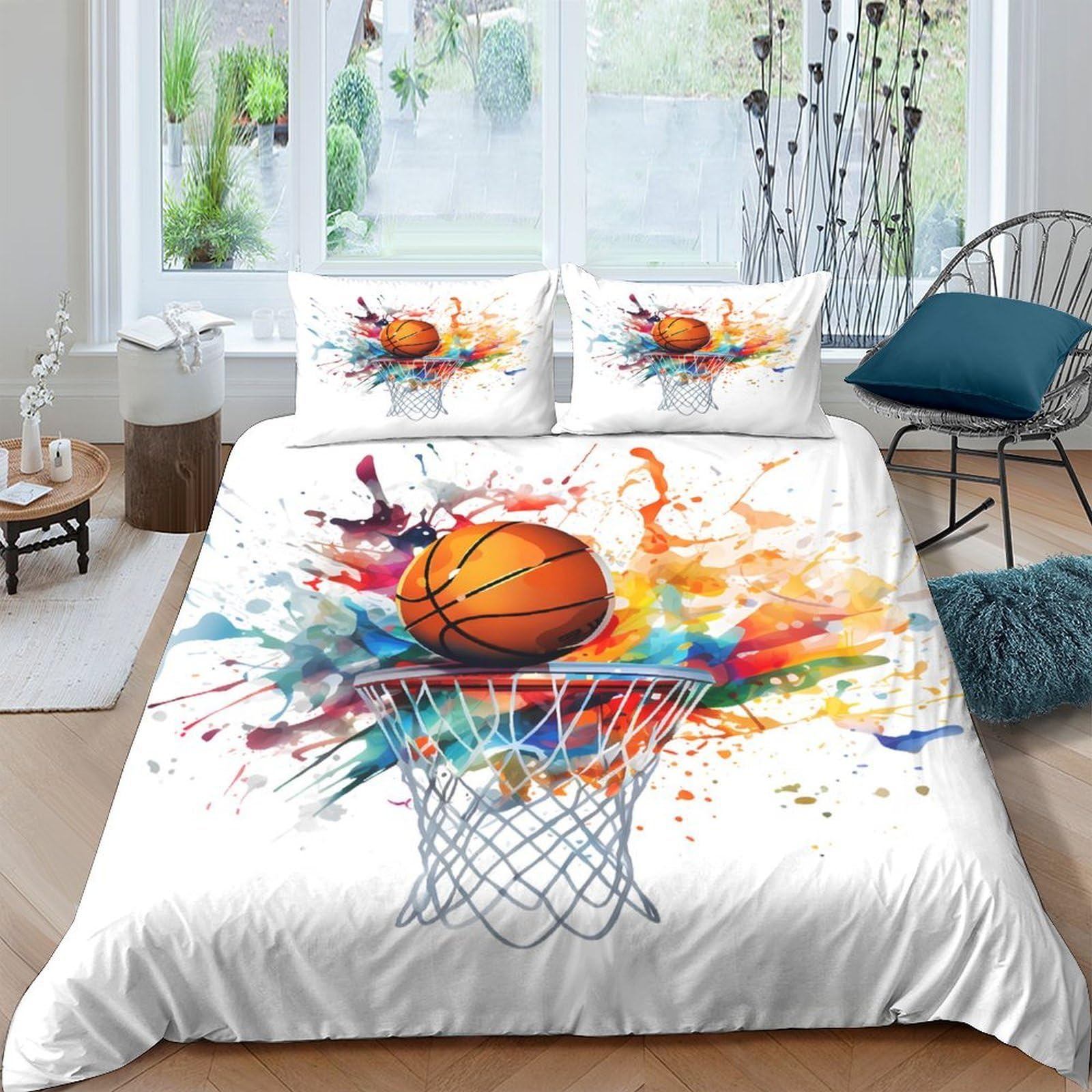 Ctjqhvkz Style-7 3D Printed Basketball Splash Fitted Sheet Microfiber Soft Colourful Hoop Bed Cover For Bedroom Guest Room Decor Single（135X200cm）