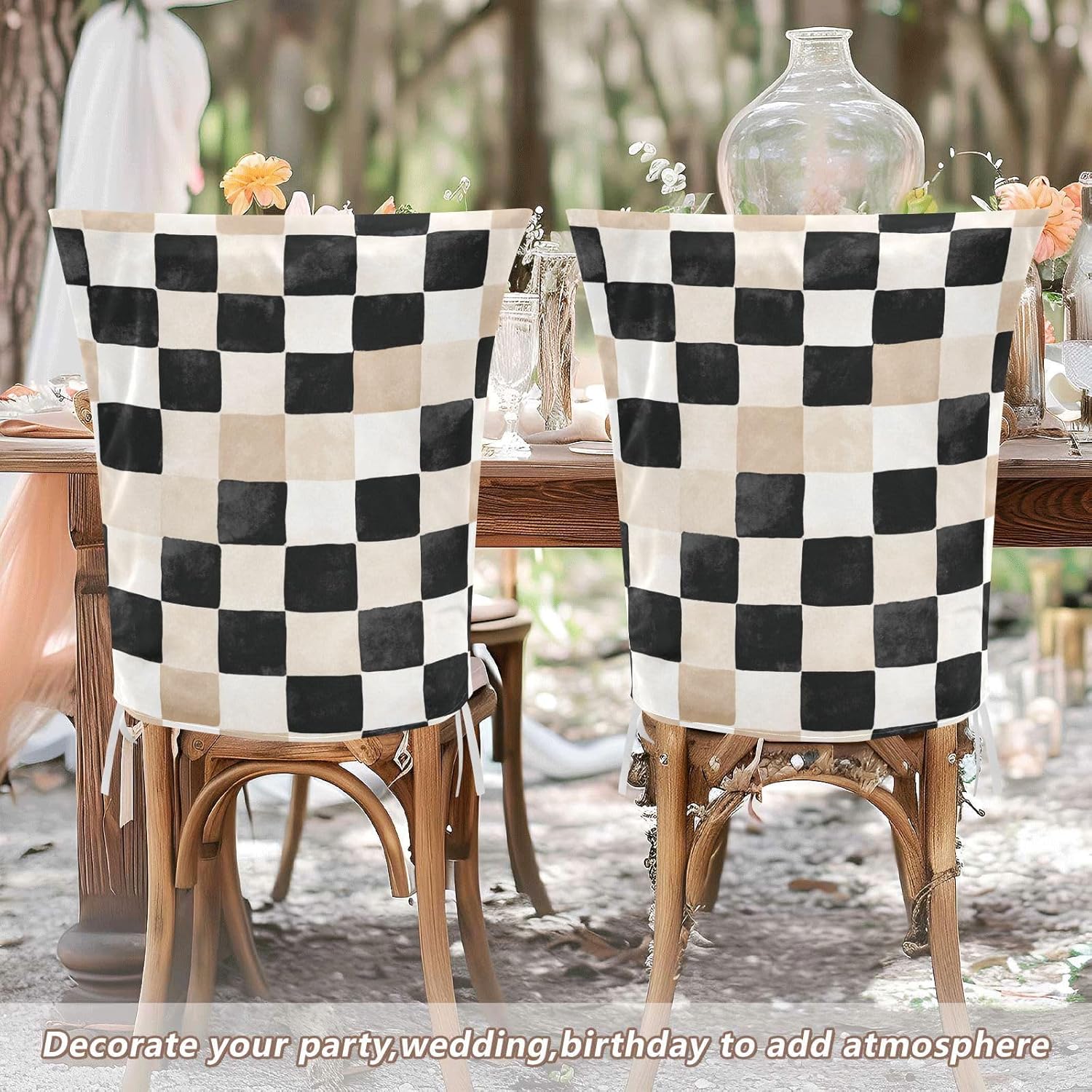 ALAZA Cute Beige Black Plaid Chair Back Cover Set of 6, Washable Reusable Removable Chair Slipcovers Decorative Chair Cover for Home Kitchen Wedding Party