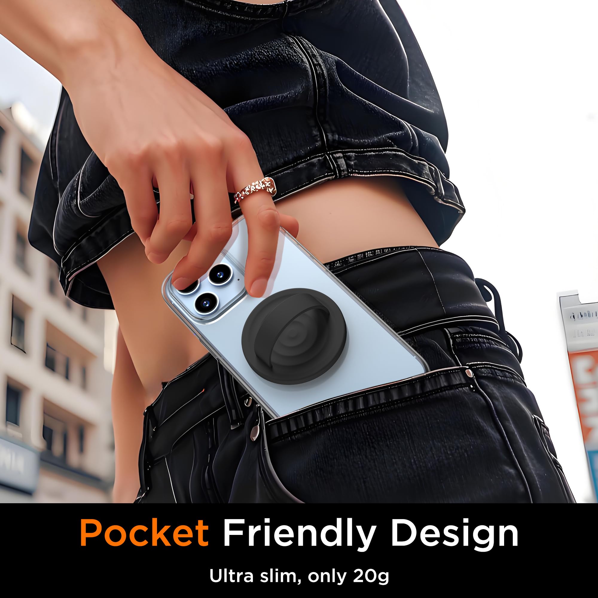 Agarre magnético mejorado para teléfono, silicona líquida suave y portátil, soporte extraíble para iPhone, fuerte atracción magnética, compatible con funda MagSafe, color negro