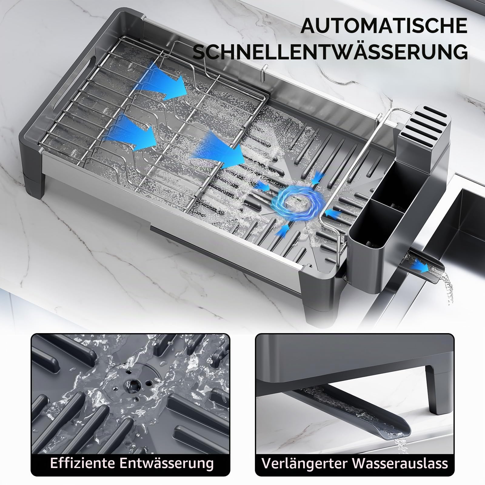 Urackify Abtropfgestell, Grau | Erweiterbar, Edelstahl mit Aluminiumrahmen, Platzsparender Dish Rack mit Utensilienhalter