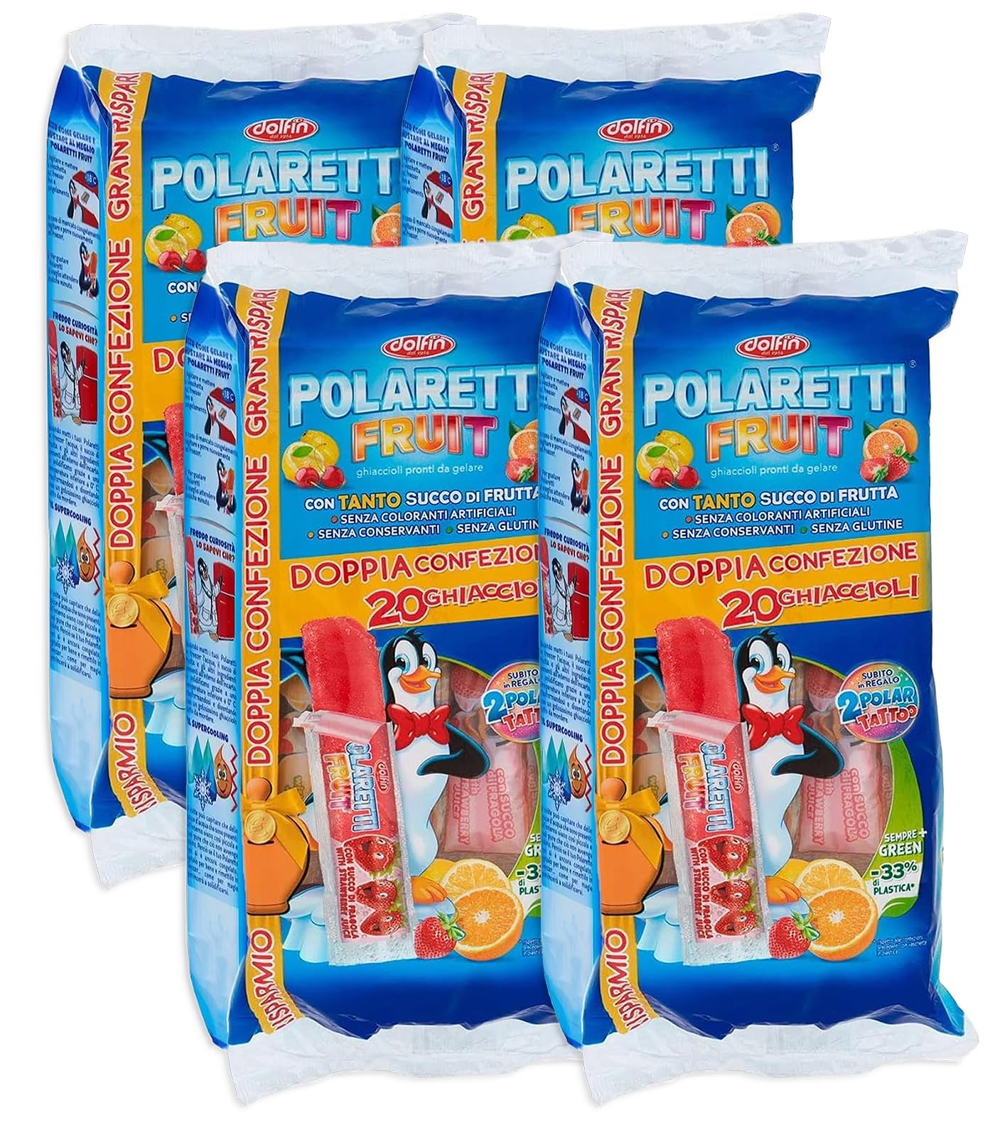 4X Fruit BLU Doppia Confezione con 20 Ghiaccioli al gusto di Frutta Assortita: Arancia, Fragola, Amarena e Limone per polaretti 840ml
