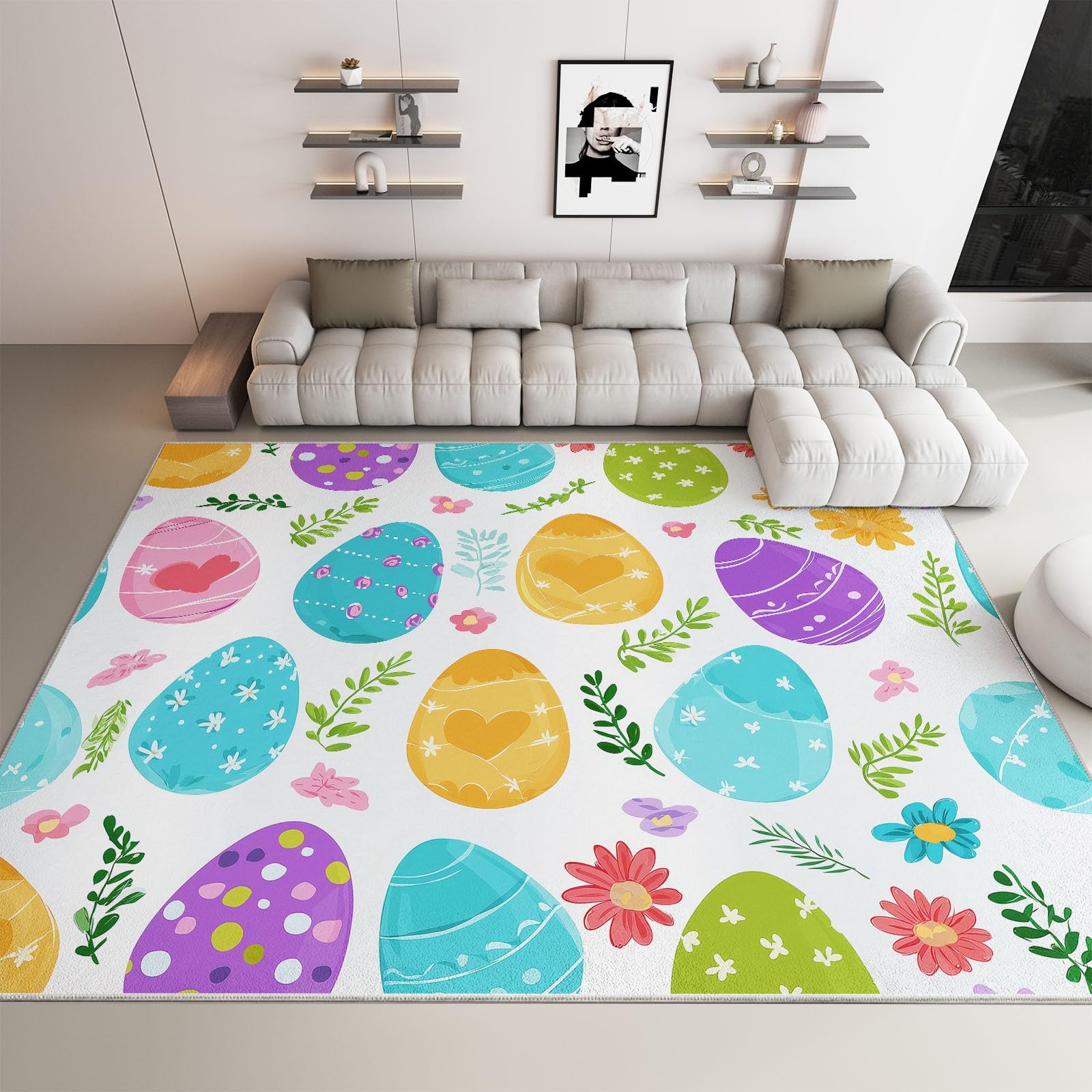 Dywan zmywalny 160 x 230 cm kreskówka do salonu, trwała geometryczna mata antypoślizgowa wielkanocne jajka wielkanocne - miękki dywan do sypialni pokoju dziecięcego kuchni pokoju zabaw