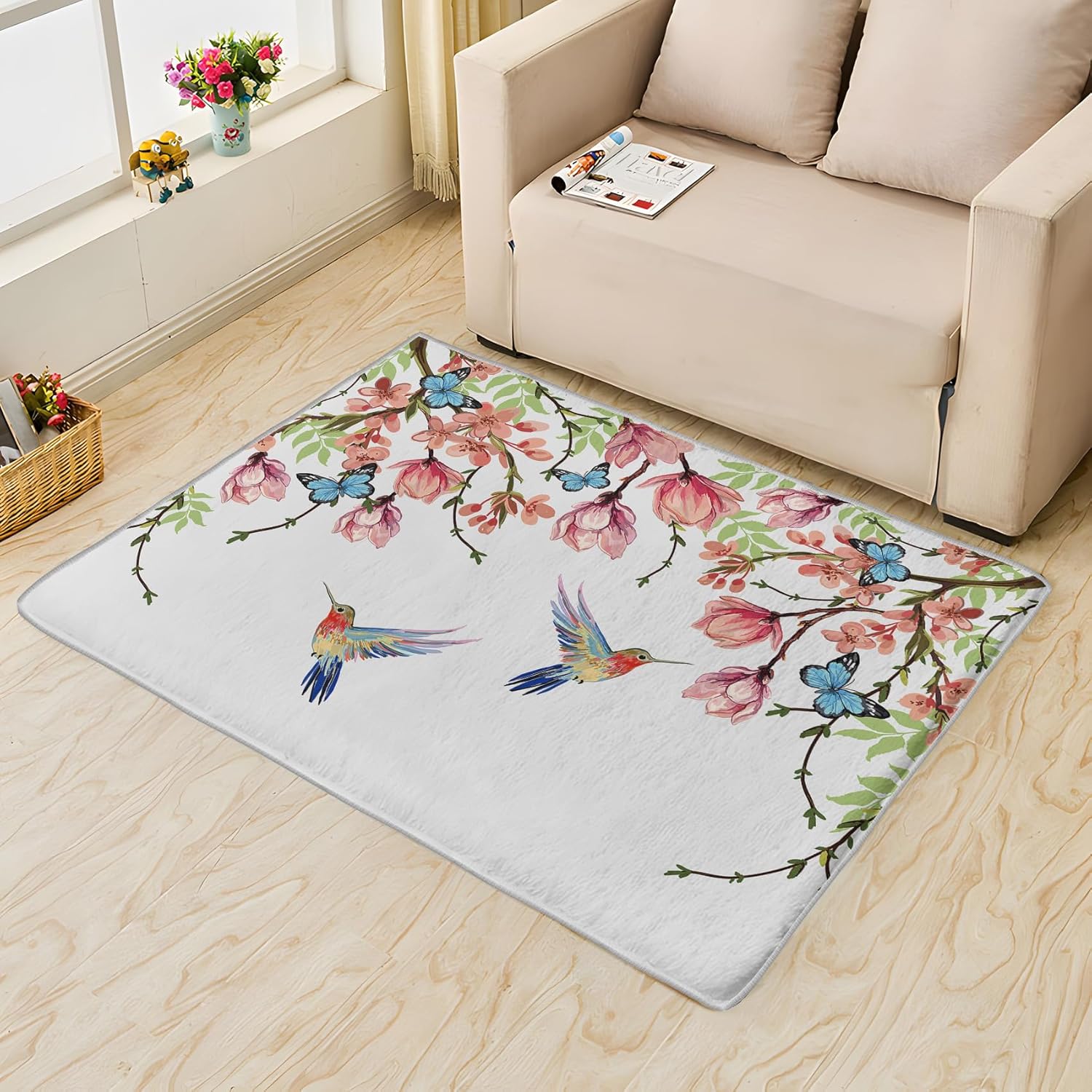 Bird Floral Throw Rugs for Entryway, Hummingbird Butterfly Area Rug 2x3, Spring Flower Carpet for Front Door Bedroom Kitchen Entrance, Washable Non Slip Indoor Door Mat