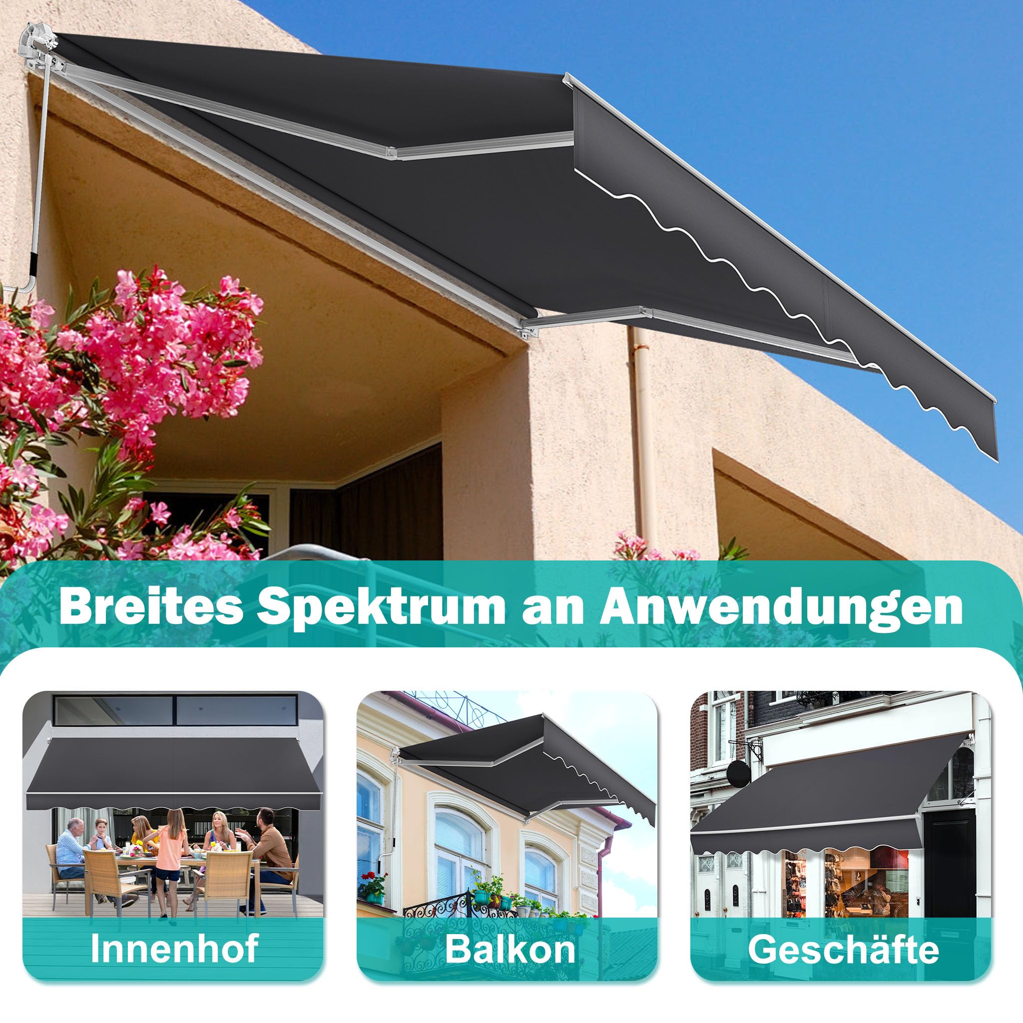 Froadp 250 x 200cm Markiza z Ramionami Przegubowymi Aluminiowa Rama, Markiza Balkonowa Zwijana z Korbą Ręczną i Zaciskowa Promieniowaniem UV, Ochrona Przed Wzrokiem na Balkon, Taras (Ciemnoszara)