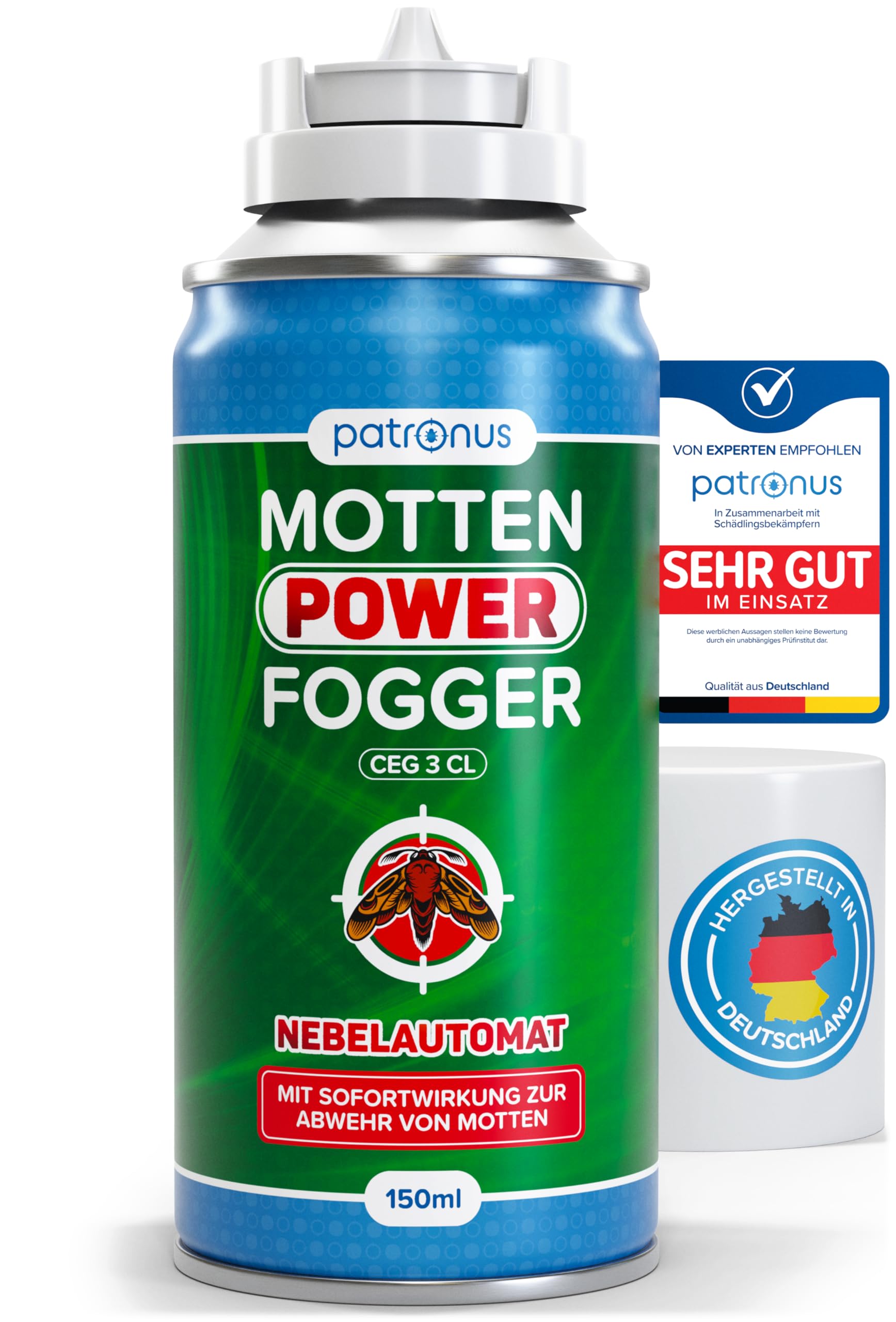 Patronus Motten Power Fogger - effektiver Vernebler mit maximalem Sofortschutz gegen Motten, Kleidermotten, Lebensmittelmotten, für schwierig erreichbare Motten-Verstecke - deutsche Produktion