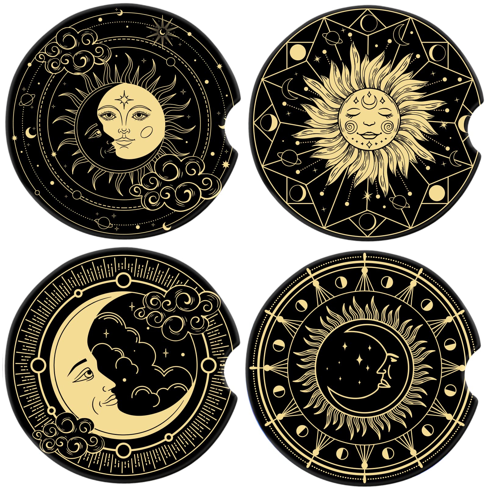Sylfairy Car Coasters 4 Pack, 2.56" Absorbent Ceramic Coasters for Car, Absorbent Car Cup Holder Coasters for Drinks to Keep Your Car Cup Holders Clean and Dry (Sun Moon) - Sun Moon