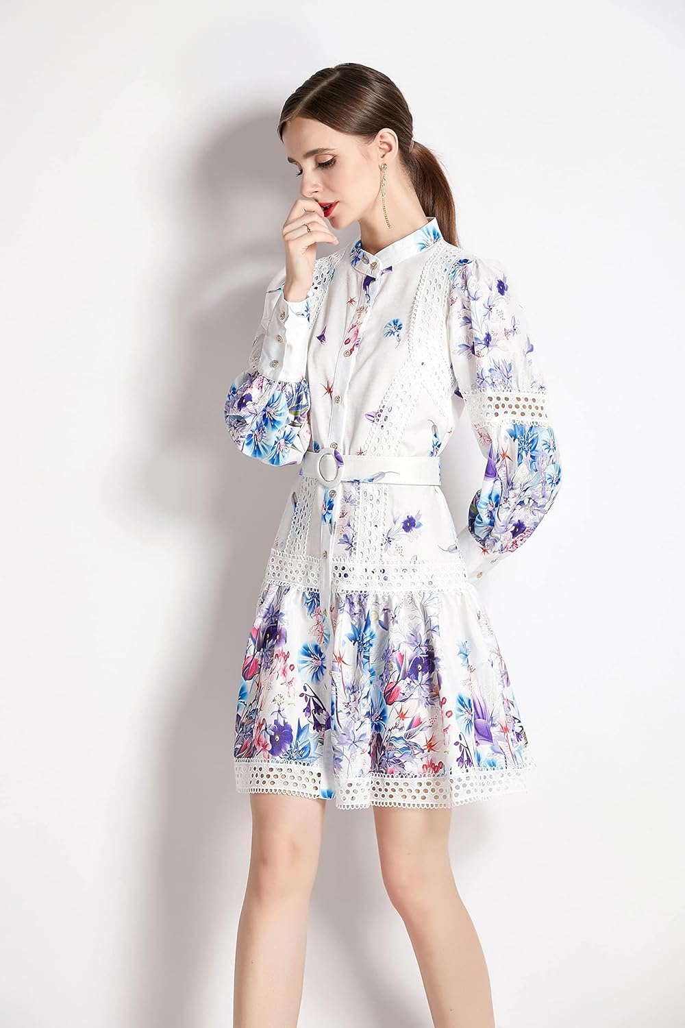 Size XL.....Women's Hollow Out Floral Print Lantern Sleeve Button Casual Mini Dress