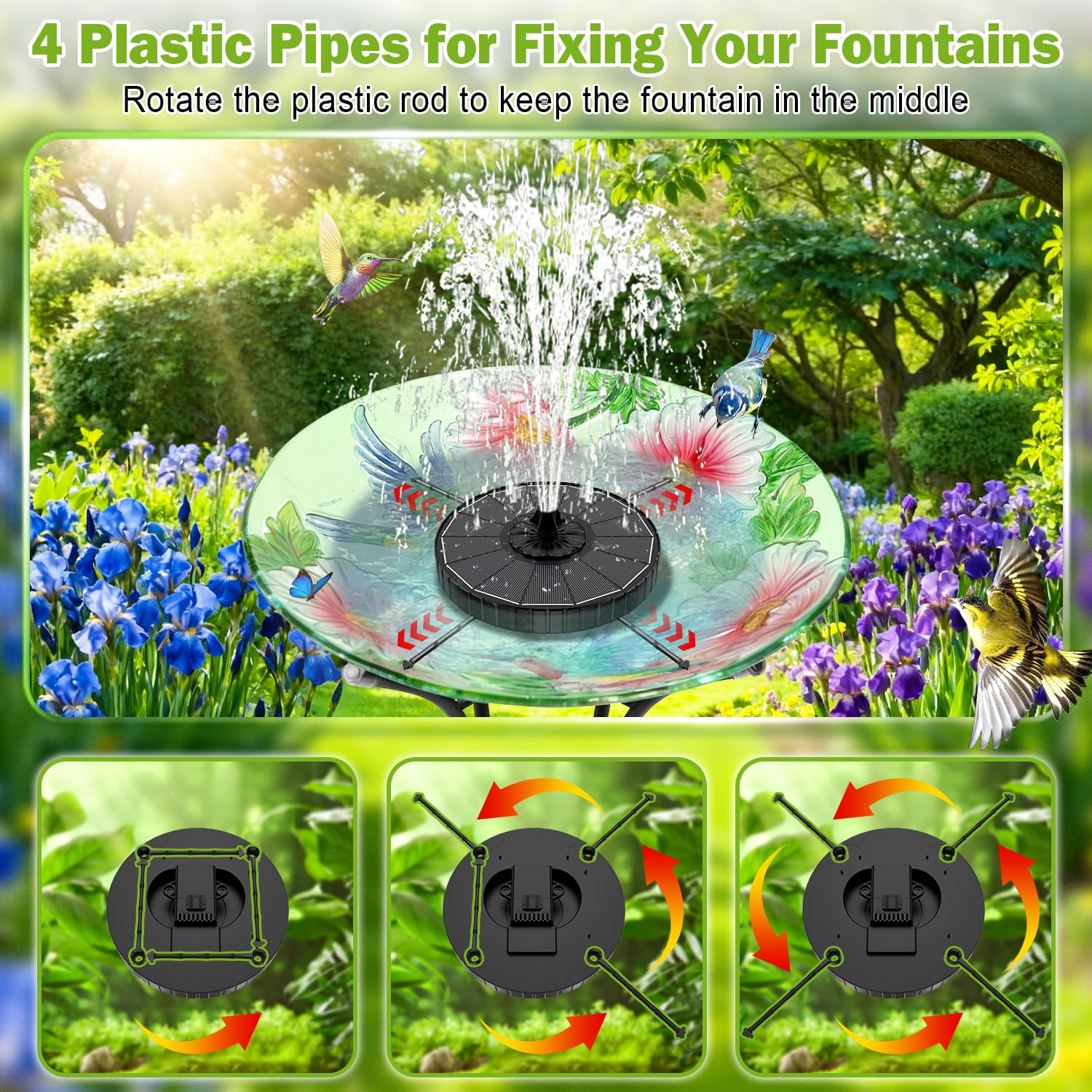 SZMP Solar Fountain with 3 Spray Height, 3.5W Glass Solar Bird Bath Fountain with 4 Adjustable Rotating Rods, and 8 Nozzles, Outdoor Solar Water Fountain Pump for Bird Bath, Garden, Pool, Pond — view 4