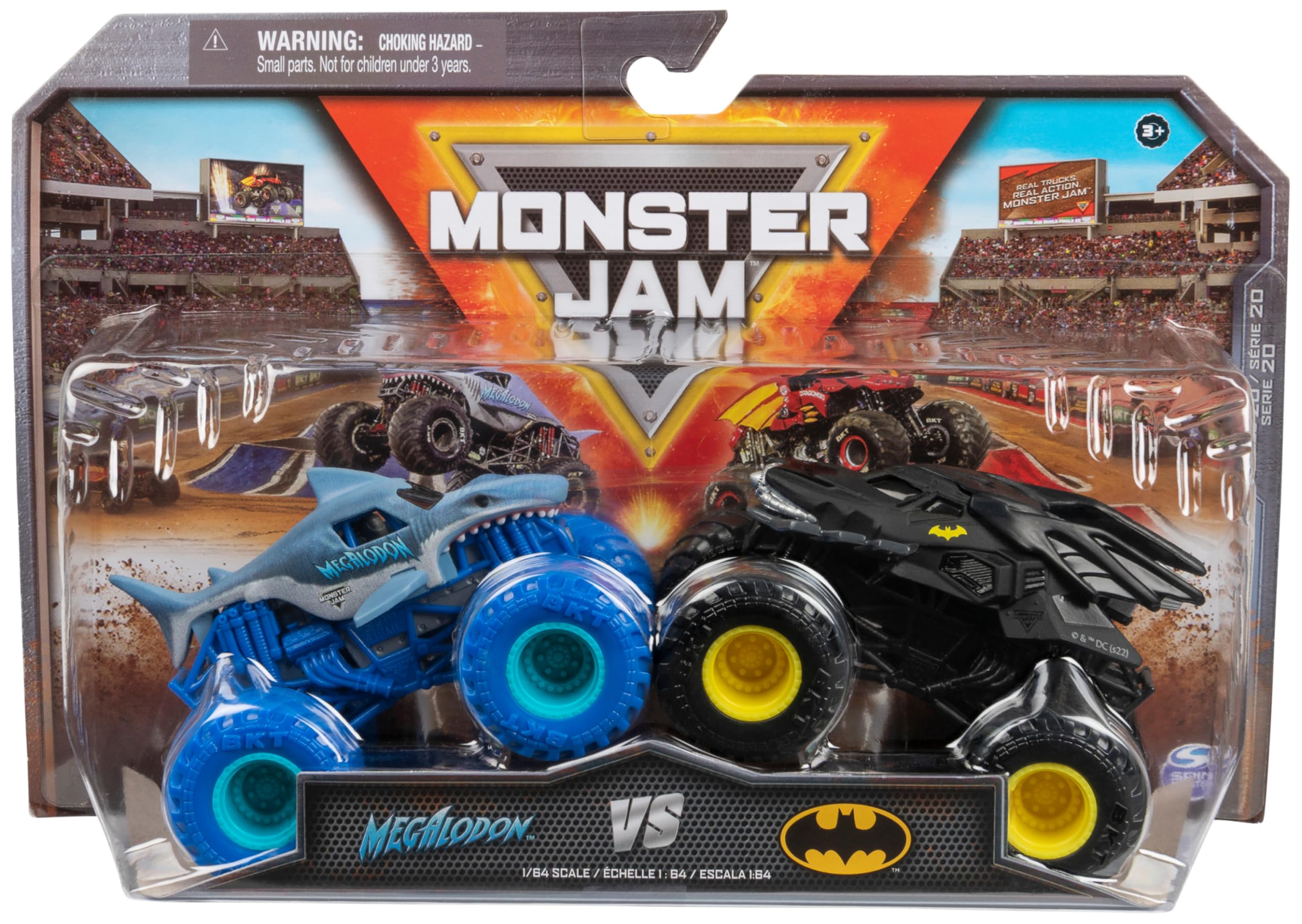 Monster Jam - Original Zweier-Pack mit dem Batmobil vs. Megalodon - authentischen Monster Trucks im Maßstab 1:64
