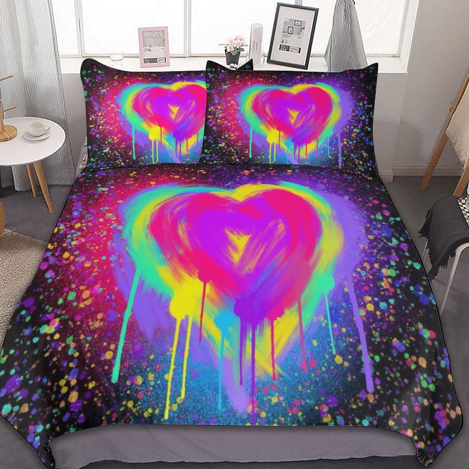 MRYUMI Glow in Dark Splatter Neon Bedding Set Twin/Full/Queen/King Comforters Breathable 90"x90" 3 Pieces of Bedding Cover Set with 2 Pillowcases