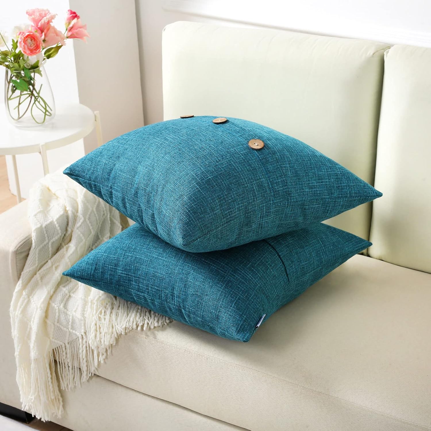 FUTEI Teal Linen Decorative Throw Pillow Covers 18x18 Inch Set of 2, Square Cushion Case with Vintage Button/Zipper,Modern Farmhouse Home Decor for Couch,Bed
