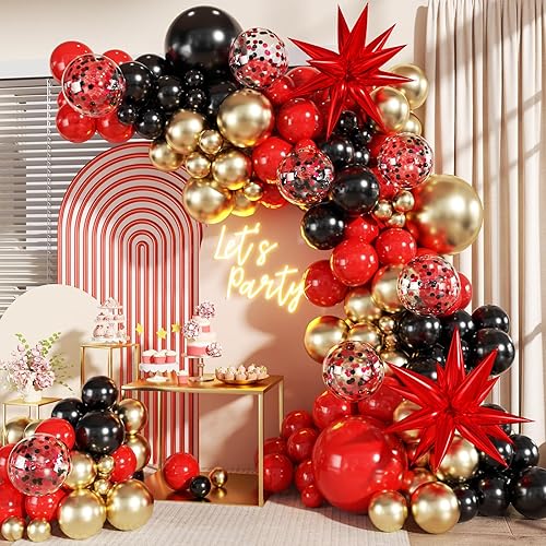 Kit de arco de guirnalda de globos dorados rojos y negros, 140 globos de confeti de oro metálico rojo y negro con estrellas para cumpleaños, boda,