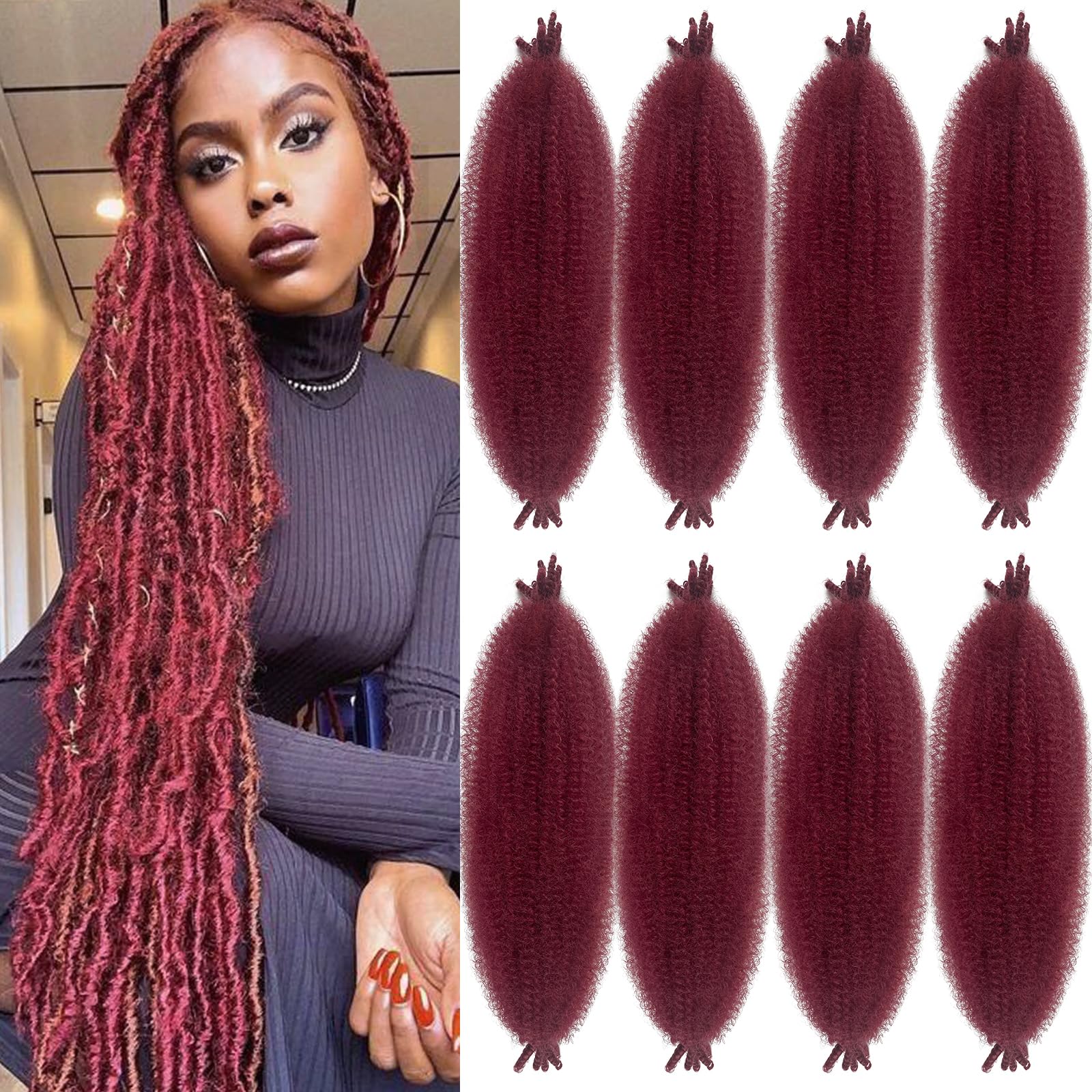 Burgundy Afro Twist Hair 16 Inch 8 Pack Kinky Twist Hair for Braiding Marley Twist Braiding Hair for Soft Locs Passion Twists Crochet Hair Synthetic