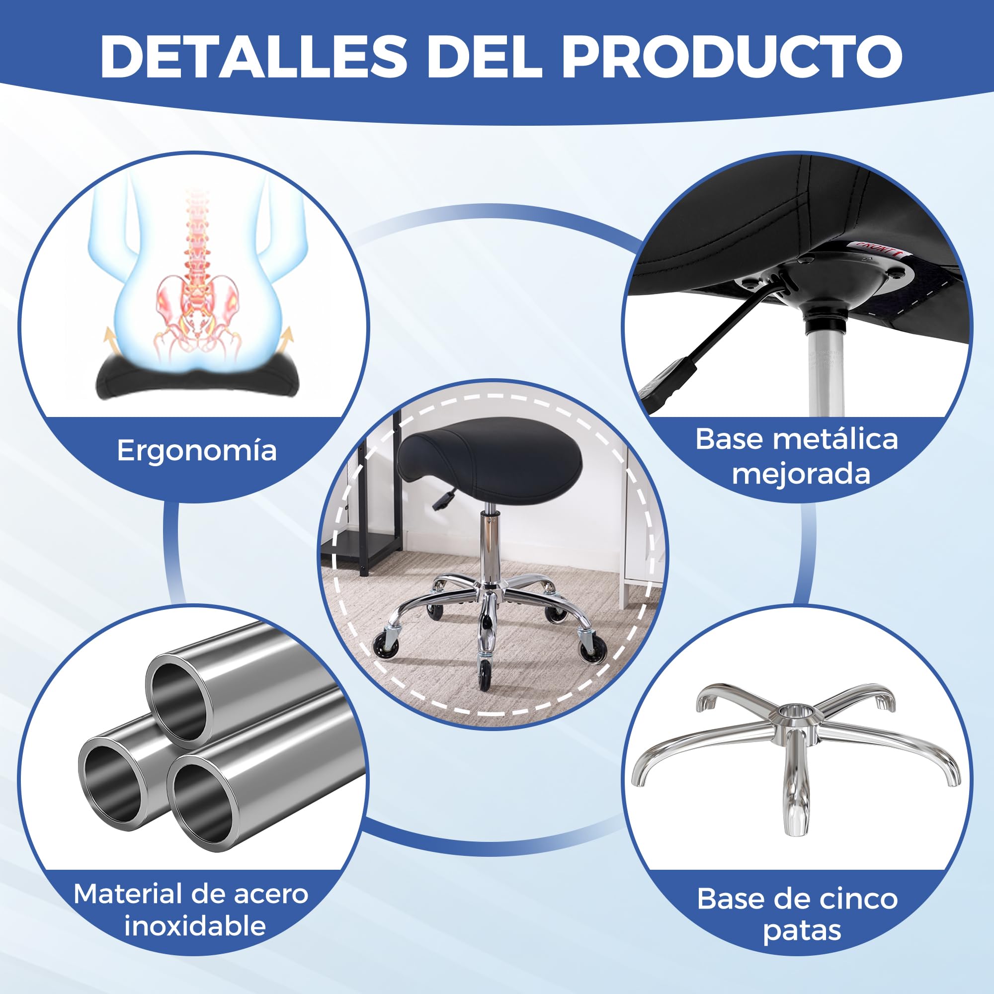 ANWBROAD Taburete con Ruedas Taburete Ergonomico Altura Ajustable | Taburete Giratorio Asiento Acolchado Amplio Carga 204 kg para Salones de Belleza,Spas y Clínicas Negro WSS001B