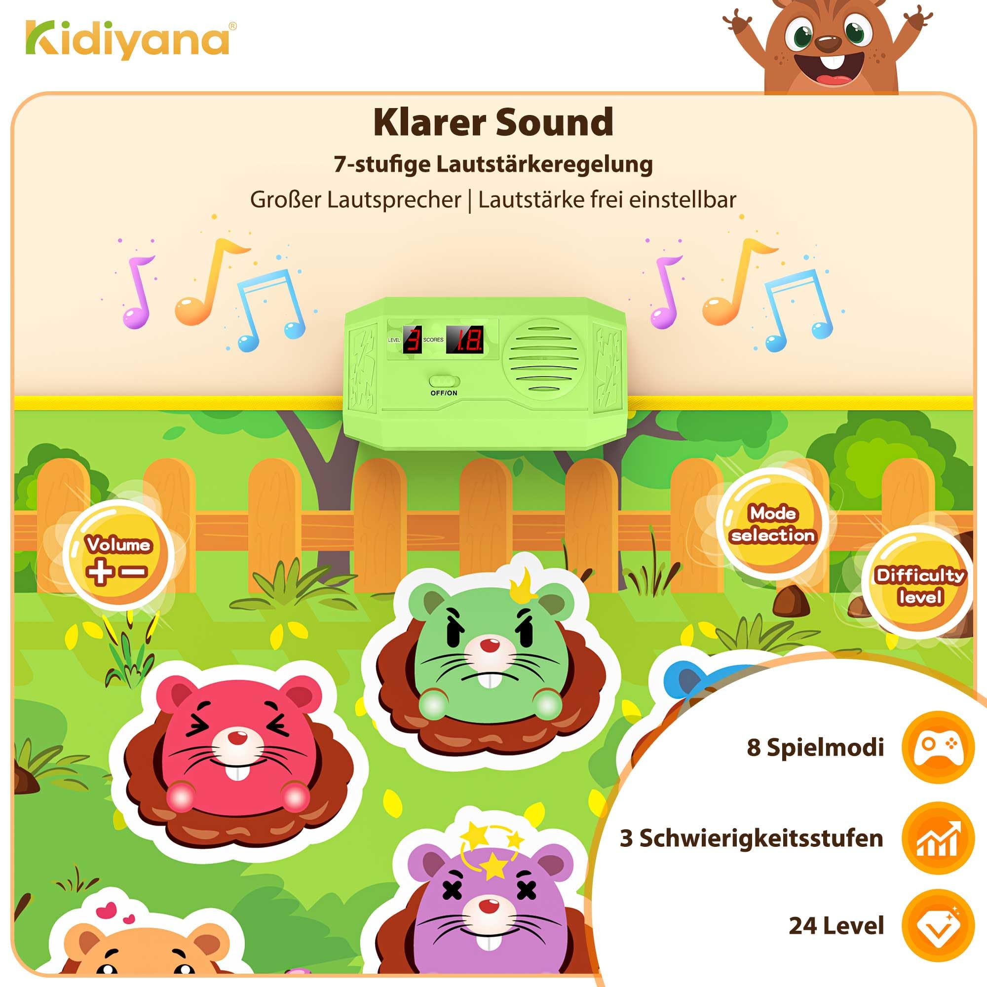 Schlag Spielmatte elektronisches Hammerspiel für Kinder und Erwachsene, Reaktionsspiel mit 8 Spielmodi & 24 Level, Klopfspiel ab 3 Jahre mit Musik & Licht, Maulwurf