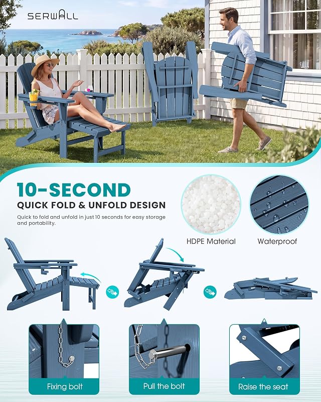 SERWALL 2-Pcs HDPE Folding Adjustable Adirondack Chair with Ottoman, Blue image 5