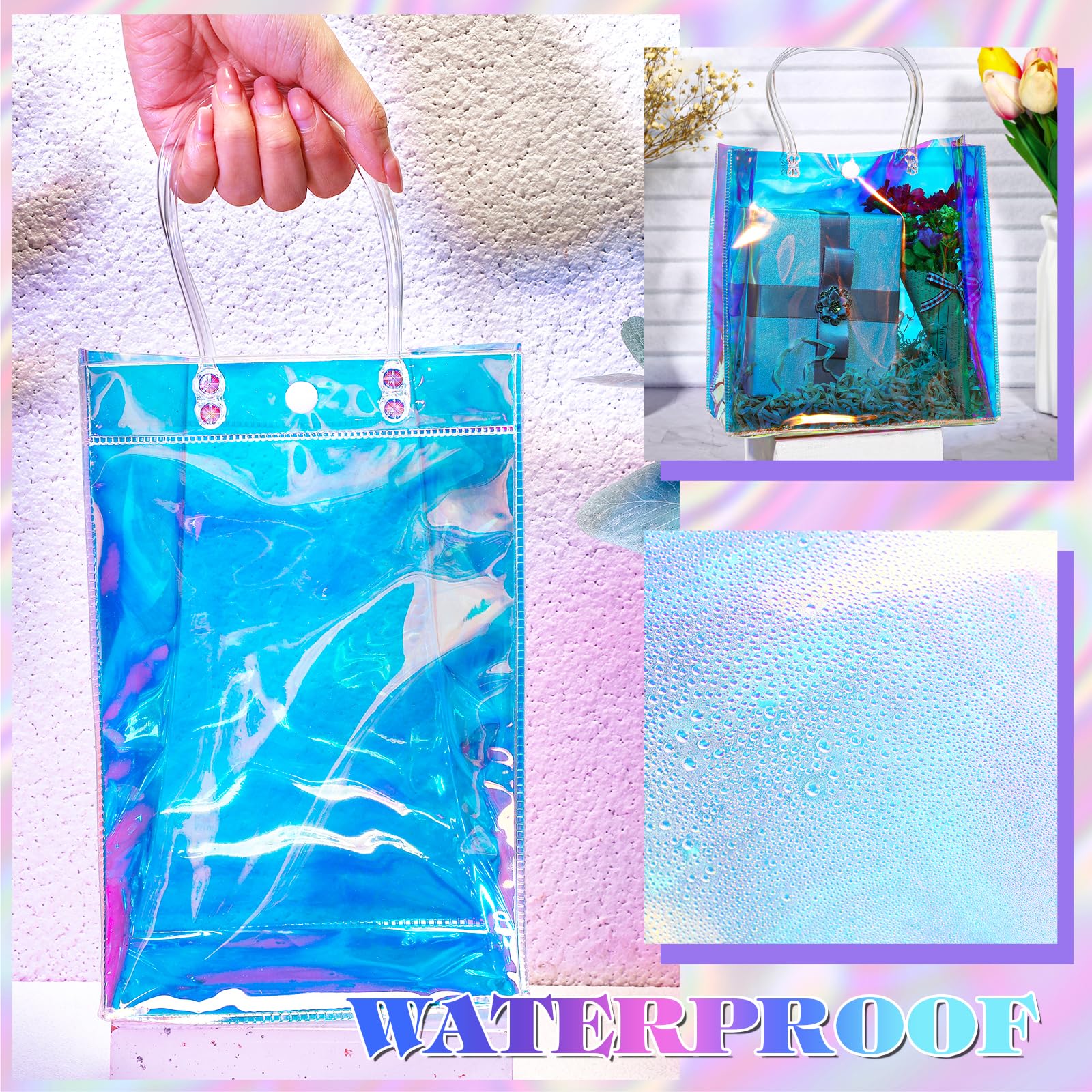 Sherr 16 Pcs Holographic Small Gift Bag Reusable Iridescent Clear Bags for Women PVC Plastic Goodie Holder with Handles for Shopping Christmas Holiday Party Favor(6.3" x 9.84" x 3.15",Rainbow)