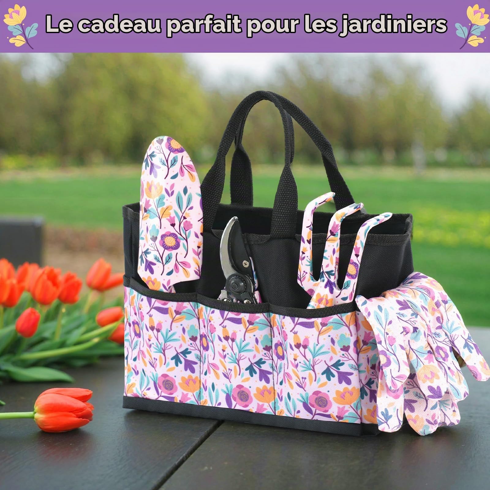 Velway Ensemble d’Outils de Jardinage 5 Pièces – Outils de Jardin à Motif Floral en Métal avec Gants, Sac de Rangement & Coffret pour Femmes, Fête des Mères, Noël, Anniversaire