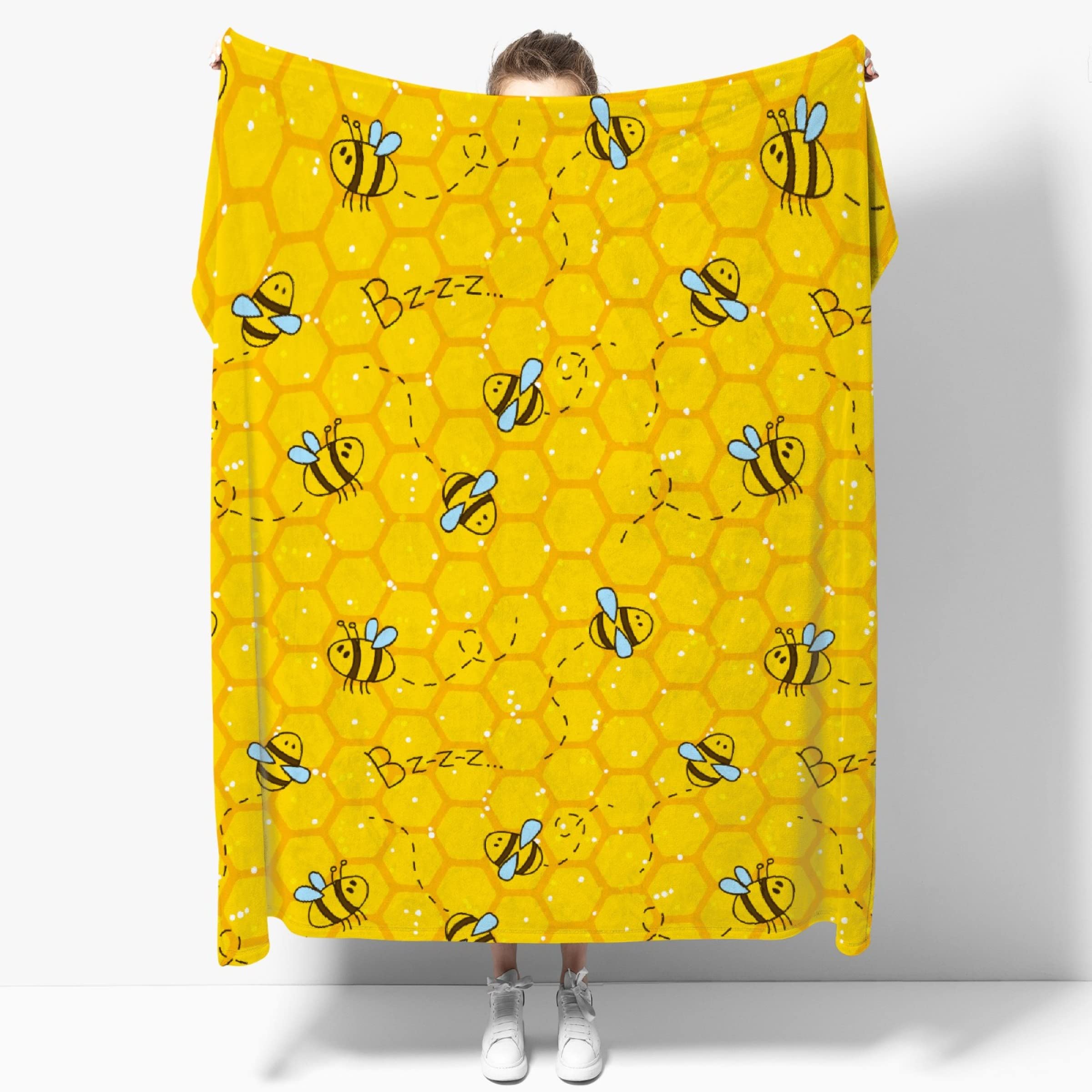 Honeycomb Cute Bee Yellow Throw Blanket Flannel Microfiber Luxury Warm Soft Cozy Blanket for Couch, Car, Bed Sofa Dorm Water Beds Gift X-Small 40x30In (Toddler) Pet