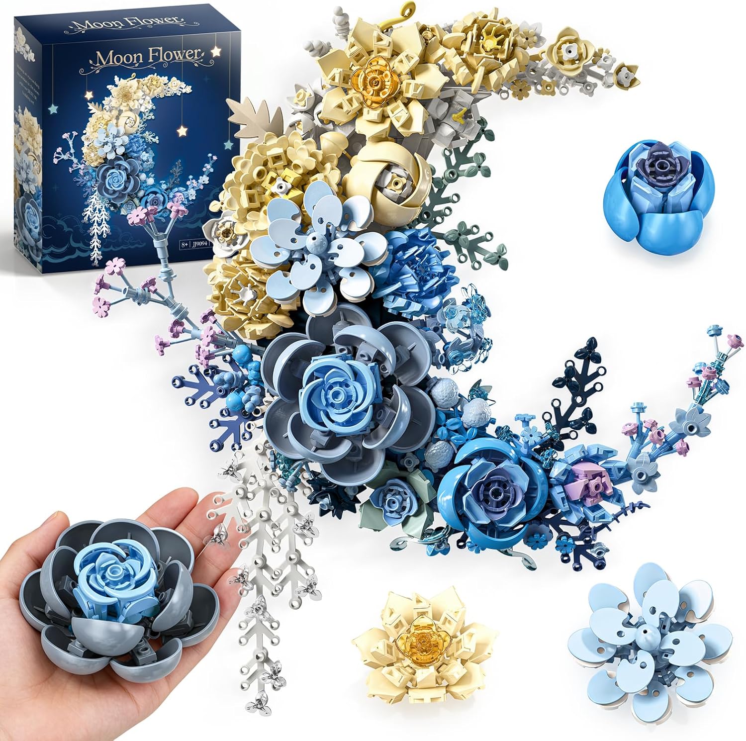 OWNONE 1 Blue Moon Flower Building Set, Botanical Collection Kit for Adults Women Girls 14+, Crescent Moon Floral Wall Art, Display for Home Office Table Decor, Christmas/Valentines for Her