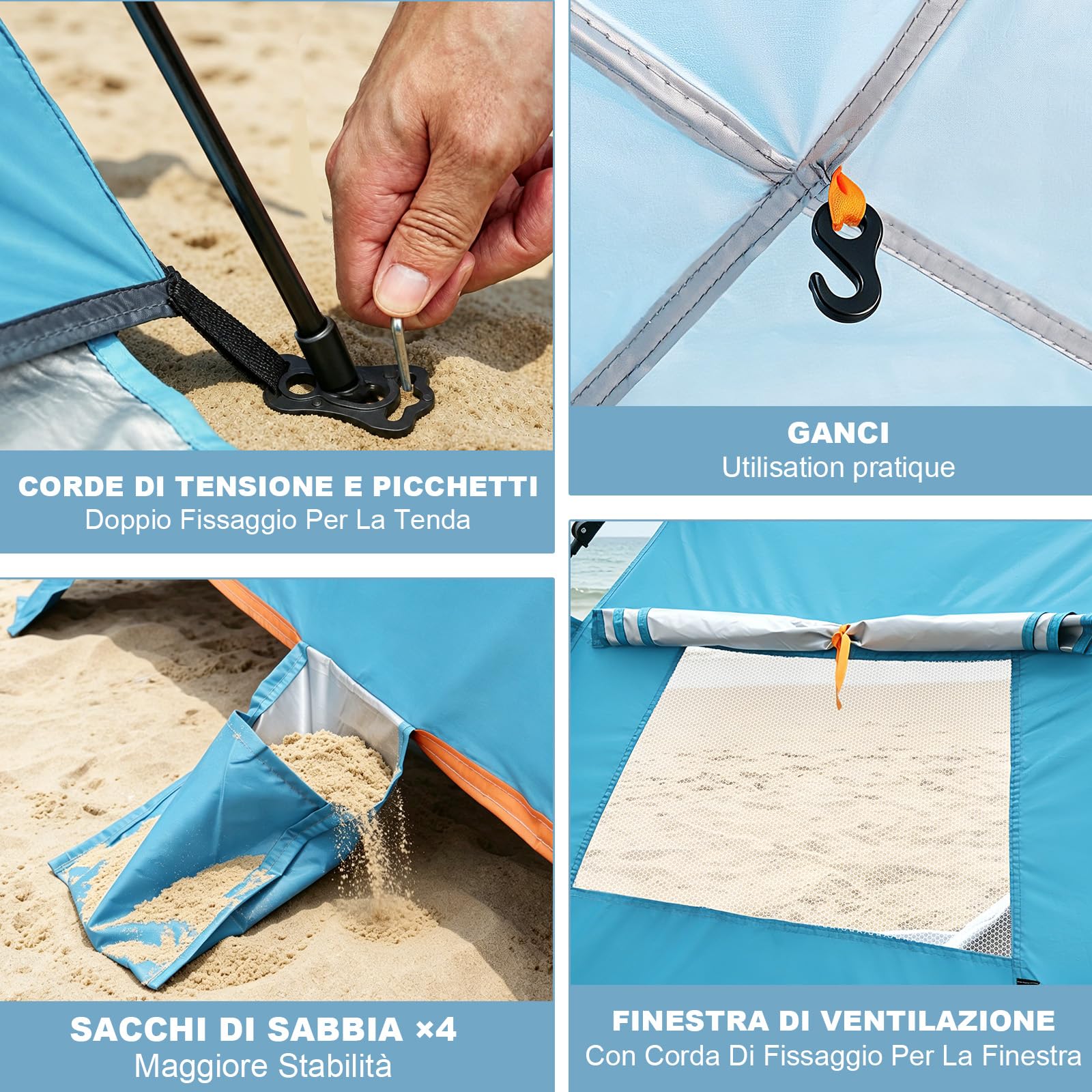 JONRRYIN Tenda da Spiaggia Pop Up per 2-3 Persone, Tenda Mare Spiaggia con Protezione UV 50+, 3 Ingressi, Gancio Interno e 4 Sacche di Sabbia, Struttura Portatile per Campeggio e Picnic