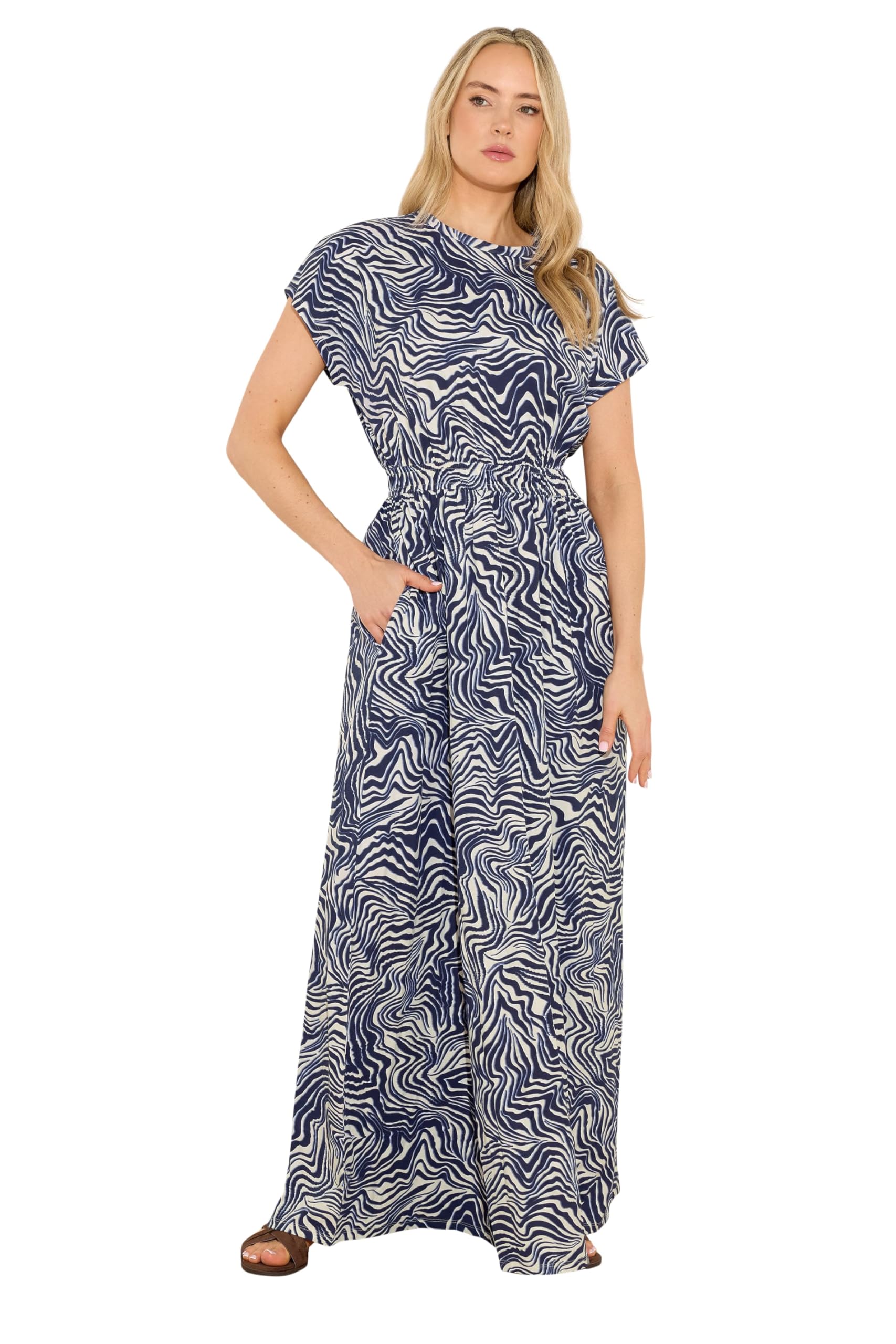 Long Tall Sally Women's Navy - Lts Tall Blue Abstract Jersey Shirred Waist Cotton Maxi Dress