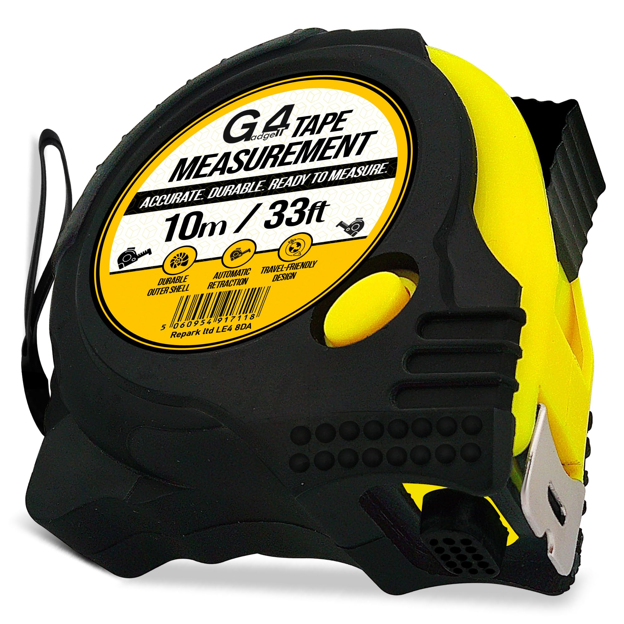 G4GADGET 10m Tape Measure - Griplock Heavy Duty Retractable Design, 3 Locking Buttons, 25mm Wide Blade, Metric and Imperial Units, Rubber Case Shockproof Tool
